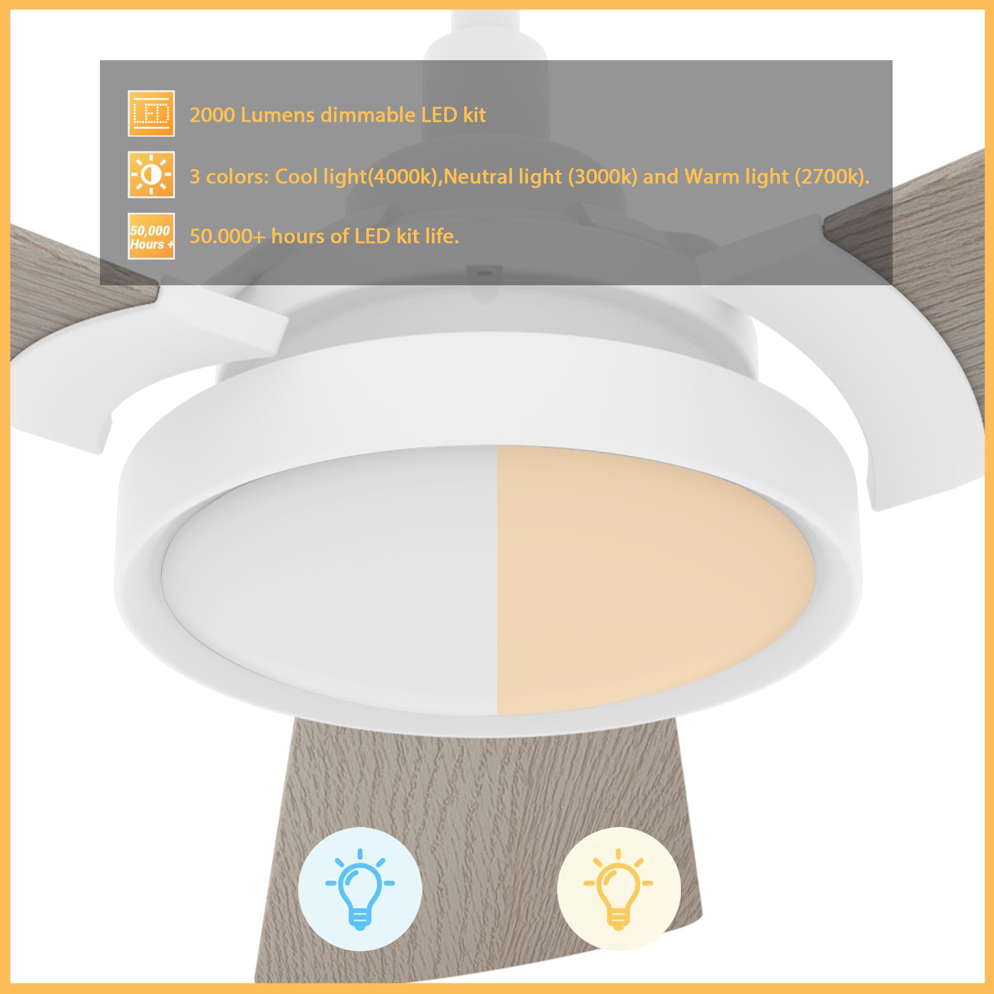 This smart ceiling fan is a simplicity designing with White finish, use elegant Plywood blades, Glass shade and has an integrated 4000K LED daylight. The fan features Remote control, Wi-Fi apps, Siri Shortcut and Voice control technology (compatible with Amazon Alexa and Google Home Assistant ) to set fan preferences.#color_white