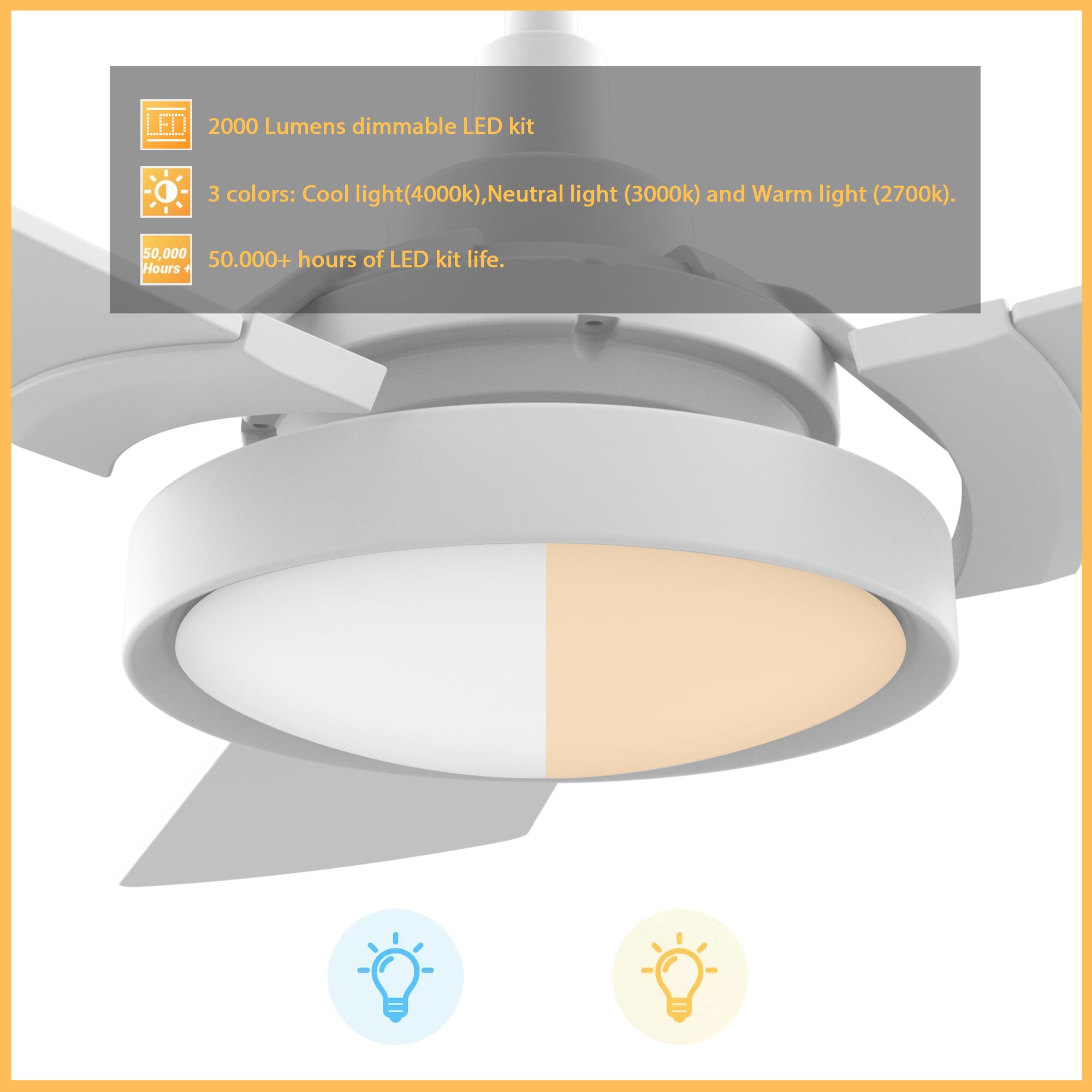 This smart ceiling fan is a simplicity designing with White finish, use elegant Plywood blades, Glass shade and has an integrated 4000K LED daylight. The fan features Remote control, Wi-Fi apps, Siri Shortcut and Voice control technology (compatible with Amazon Alexa and Google Home Assistant ) to set fan preferences.#color_light-wood