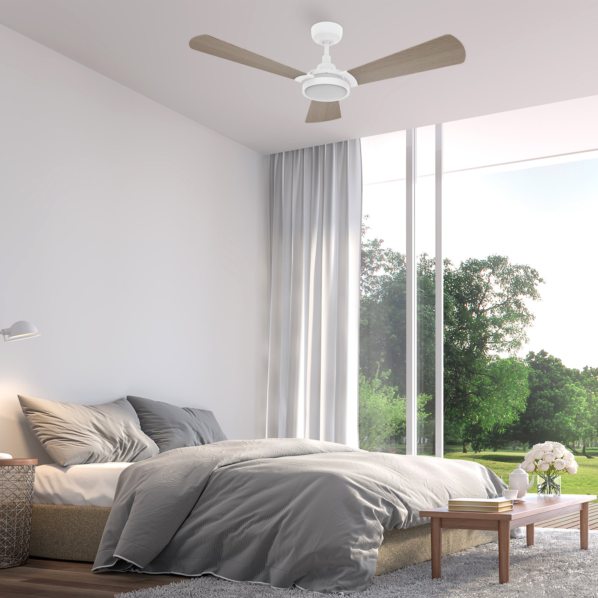 This smart ceiling fan is a simplicity designing with White finish, use elegant Plywood blades, Glass shade and has an integrated 4000K LED daylight. The fan features Remote control, Wi-Fi apps, Siri Shortcut and Voice control technology (compatible with Amazon Alexa and Google Home Assistant ) to set fan preferences.#color_light-wood