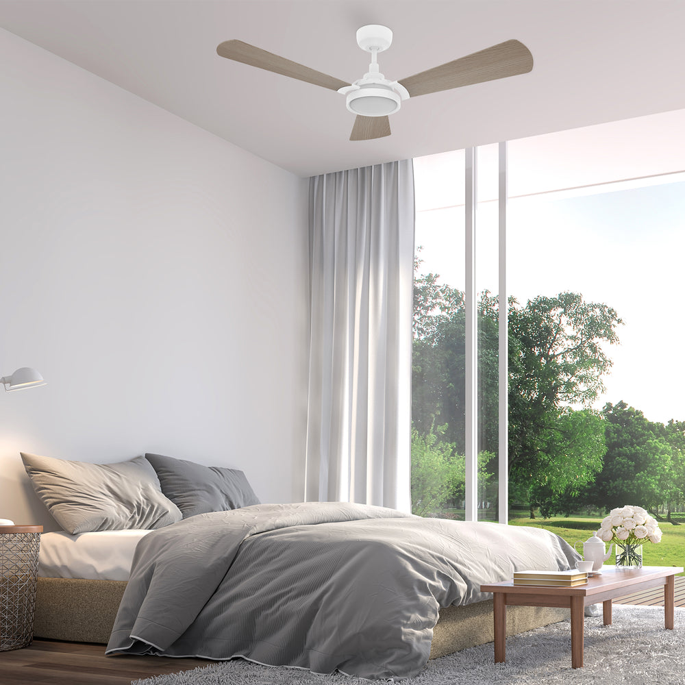This smart ceiling fan is a simplicity designing with White finish, use elegant Plywood blades, Glass shade and has an integrated 4000K LED daylight. The fan features Remote control, Wi-Fi apps, Siri Shortcut and Voice control technology (compatible with Amazon Alexa and Google Home Assistant ) to set fan preferences.