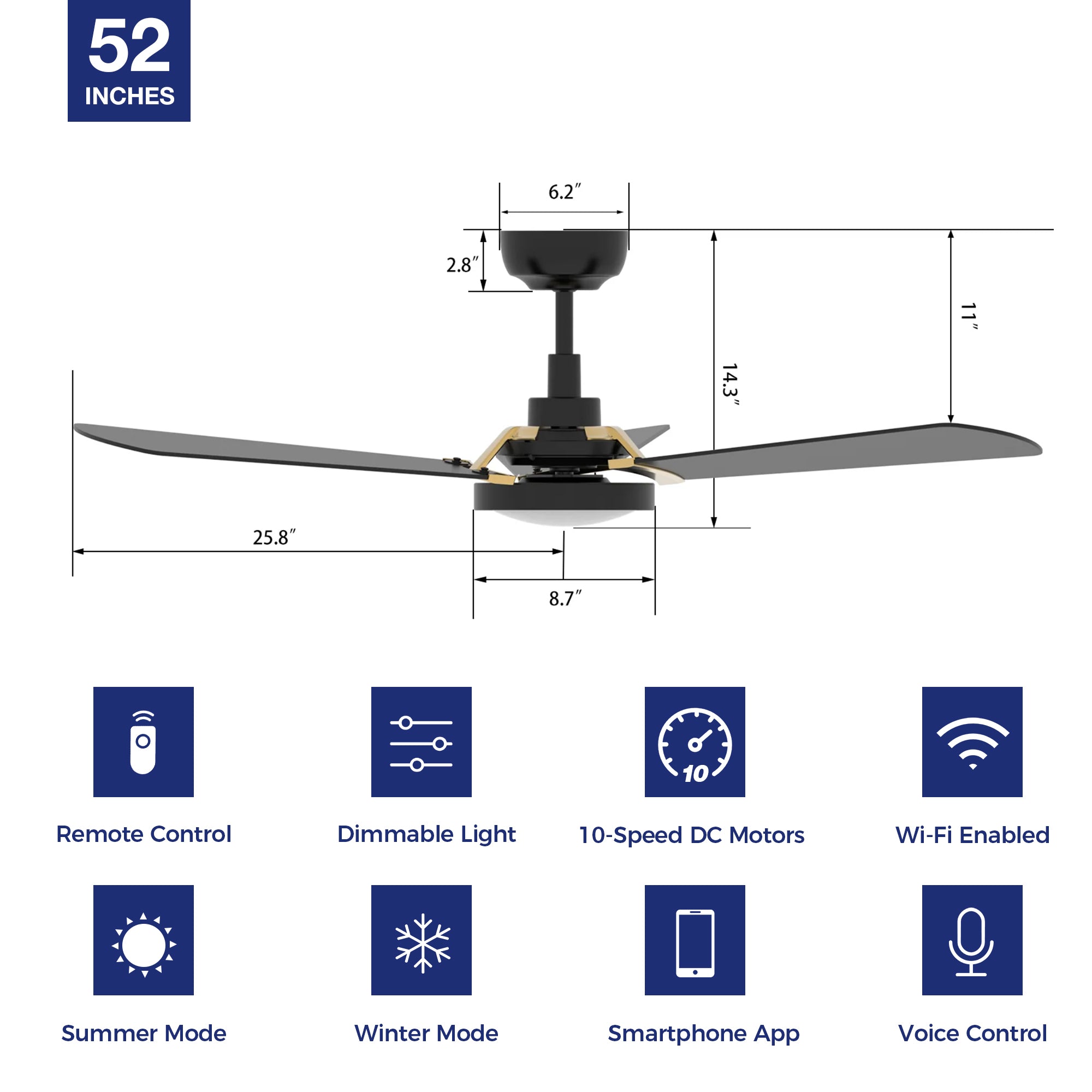 This smart ceiling fan is a simplicity designing with White finish, use elegant Plywood blades, Glass shade and has an integrated 4000K LED daylight. The fan features Remote control, Wi-Fi apps, Siri Shortcut and Voice control technology (compatible with Amazon Alexa and Google Home Assistant ) to set fan preferences.