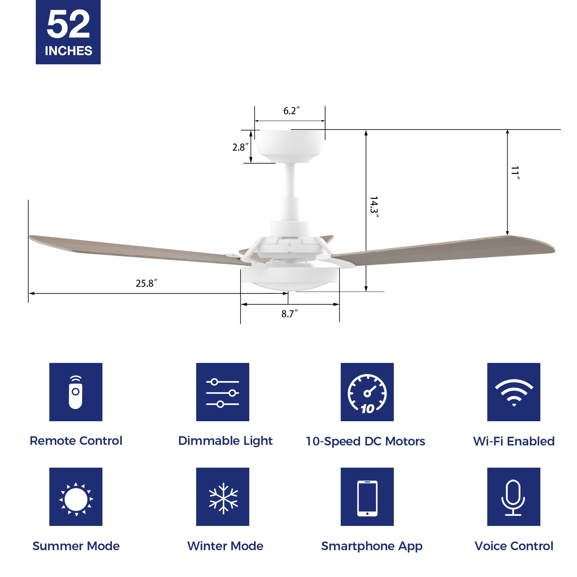 This smart ceiling fan is a simplicity designing with White finish, use elegant Plywood blades, Glass shade and has an integrated 4000K LED daylight. The fan features Remote control, Wi-Fi apps, Siri Shortcut and Voice control technology (compatible with Amazon Alexa and Google Home Assistant ) to set fan preferences.#color_light-wood