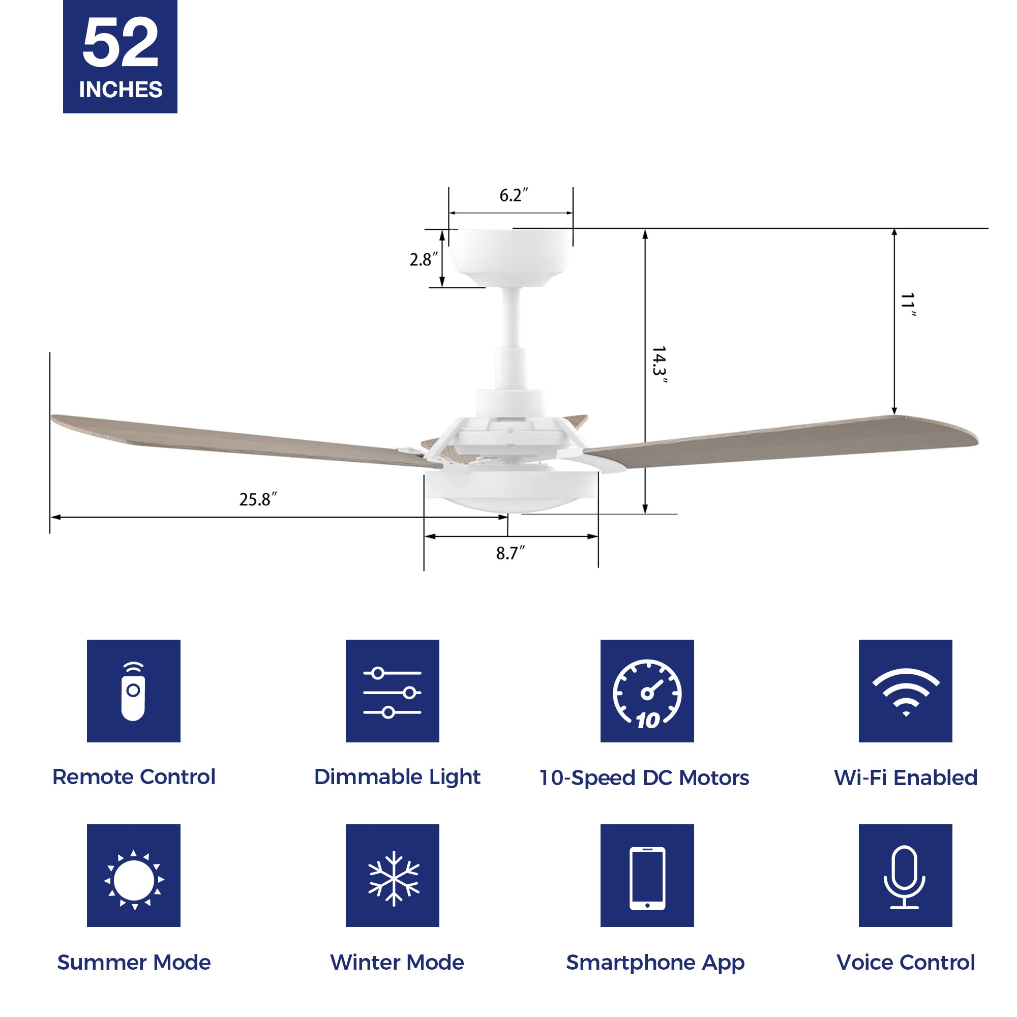 This smart ceiling fan is a simplicity designing with White finish, use elegant Plywood blades, Glass shade and has an integrated 4000K LED daylight. The fan features Remote control, Wi-Fi apps, Siri Shortcut and Voice control technology (compatible with Amazon Alexa and Google Home Assistant ) to set fan preferences.