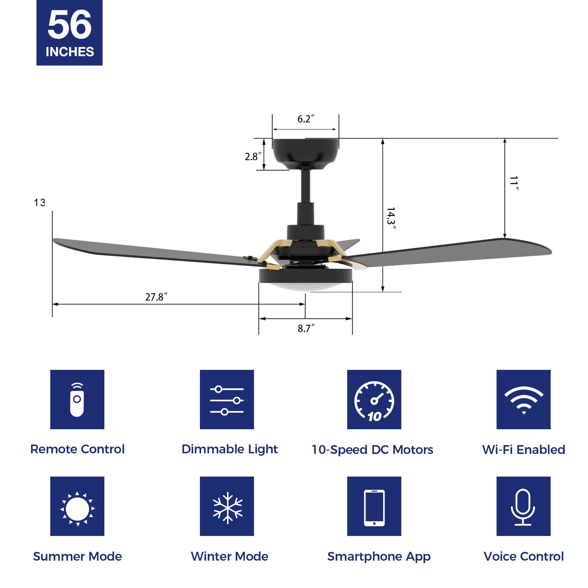 This Smafan Veter 56'' smart ceiling fan keeps your space cool, bright, and stylish. It is a soft modern masterpiece perfect for your large indoor living spaces. This Wifi smart ceiling fan is a simplicity designing with White finish, use elegant Plywood blades, Glass shade and has an integrated 4000K LED daylight. The fan features Remote control, Wi-Fi apps, Siri Shortcut and Voice control technology (compatible with Amazon Alexa and Google Home Assistant ) to set fan preferences.#color_black