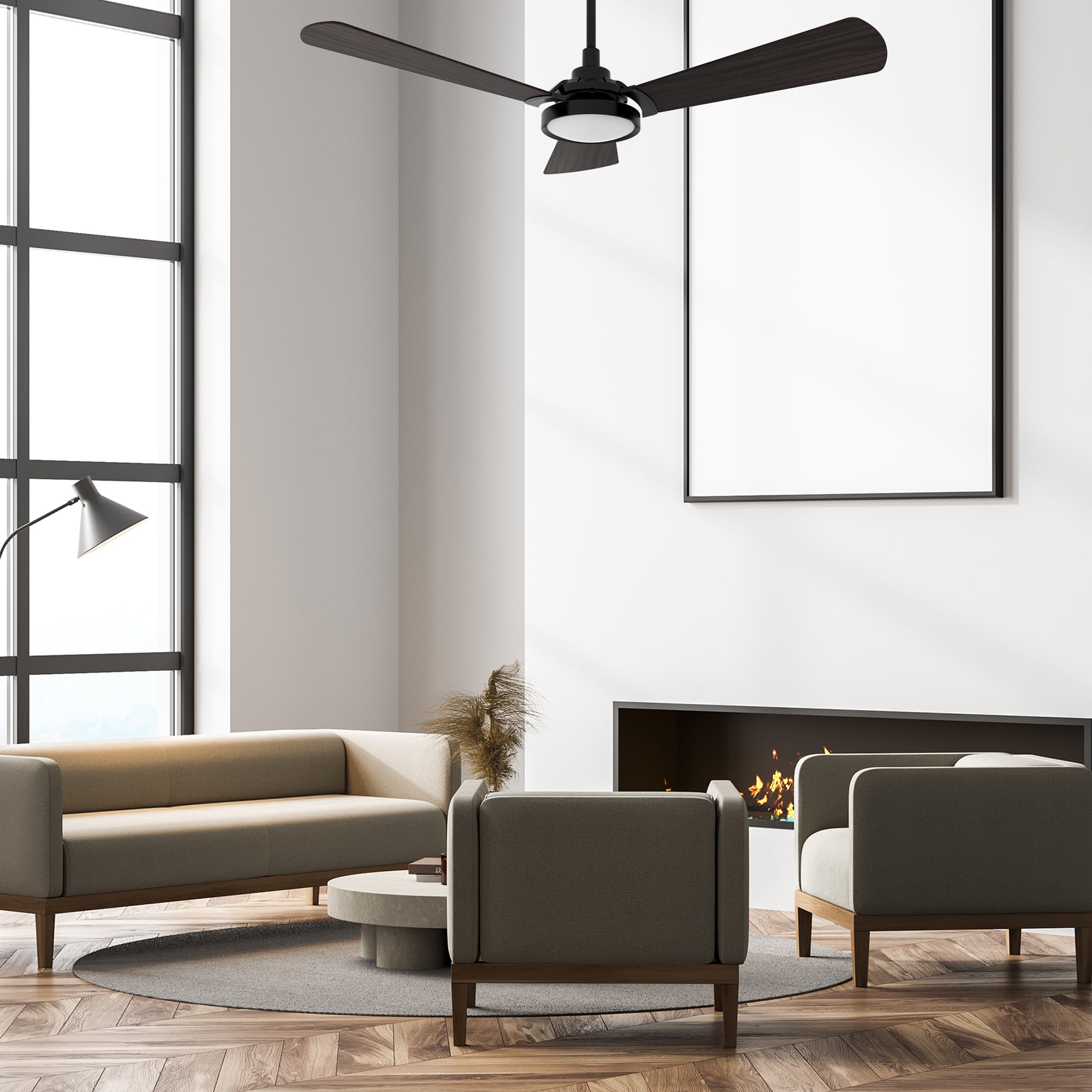 This Smafan Veter 56'' smart ceiling fan keeps your space cool, bright, and stylish. It is a soft modern masterpiece perfect for your large indoor living spaces. This Wifi smart ceiling fan is a simplicity designing with White finish, use elegant Plywood blades, Glass shade and has an integrated 4000K LED daylight. The fan features Remote control, Wi-Fi apps, Siri Shortcut and Voice control technology (compatible with Amazon Alexa and Google Home Assistant ) to set fan preferences.#color_Dark-Wood