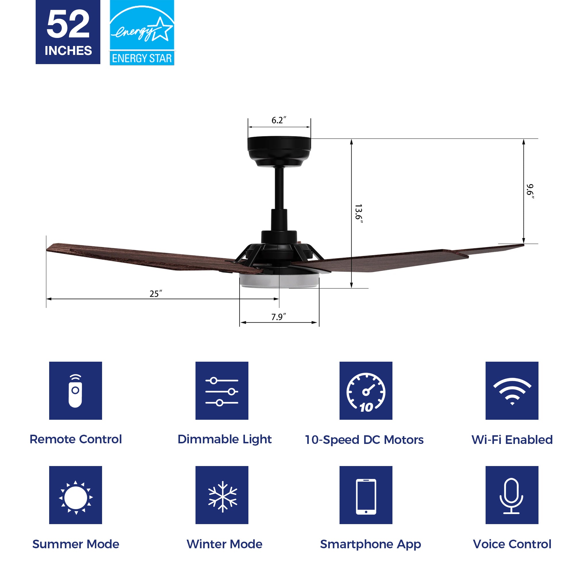 The Smafan Voyager 52&#39;&#39; smart ceiling fan keeps your space cool, bright, and stylish. It is a soft modern masterpiece perfect for your large indoor living spaces. This Wifi smart ceiling fan is a simplicity designing with elegant Plywood blades, Glass shade and has an integrated 4000K LED daylight. The fan features Remote control, Wi-Fi apps, Siri Shortcut and Voice control technology (compatible with Amazon Alexa and Google Home Assistant ) to set fan preferences.