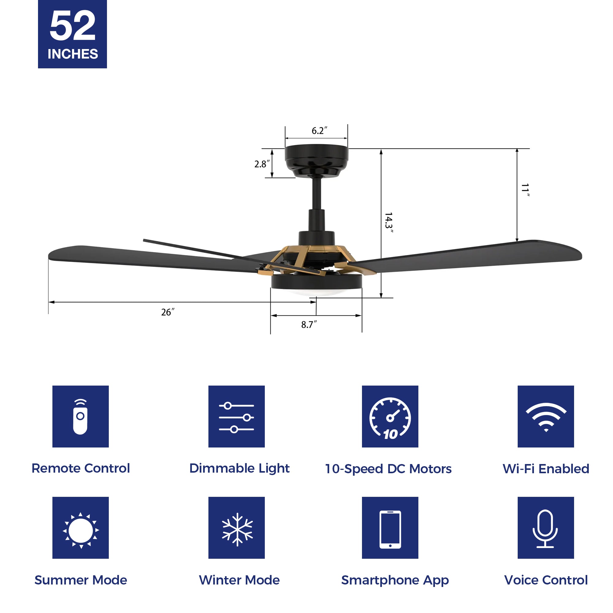 This Smafan Wilkes 52'' smart ceiling fan keeps your space cool, bright, and stylish. It is a soft modern masterpiece perfect for your large indoor living spaces. This Wifi smart ceiling fan is a simplicity designing with Black finish, use elegant Plywood blades, Glass shade and has an integrated 4000K LED daylight. The fan features Remote control, Wi-Fi apps, Siri Shortcut and Voice control technology (compatible with Amazon Alexa and Google Home Assistant ) to set fan preferences.#color_black