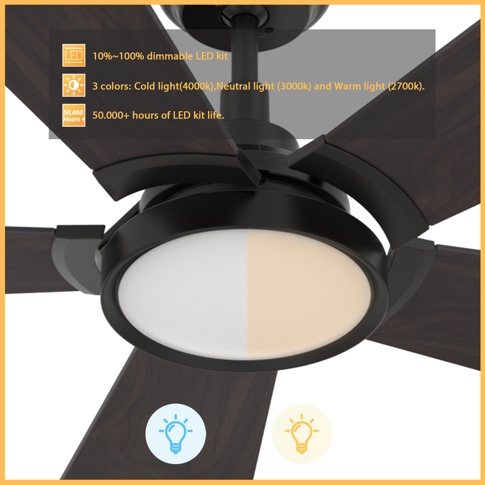 This Smafan Wilkes 52'' smart ceiling fan keeps your space cool, bright, and stylish. It is a soft modern masterpiece perfect for your large indoor living spaces. This Wifi smart ceiling fan is a simplicity designing with Black finish, use elegant Plywood blades, Glass shade and has an integrated 4000K LED daylight. The fan features Remote control, Wi-Fi apps, Siri Shortcut and Voice control technology (compatible with Amazon Alexa and Google Home Assistant ) to set fan preferences.#color_Dark-Wood
