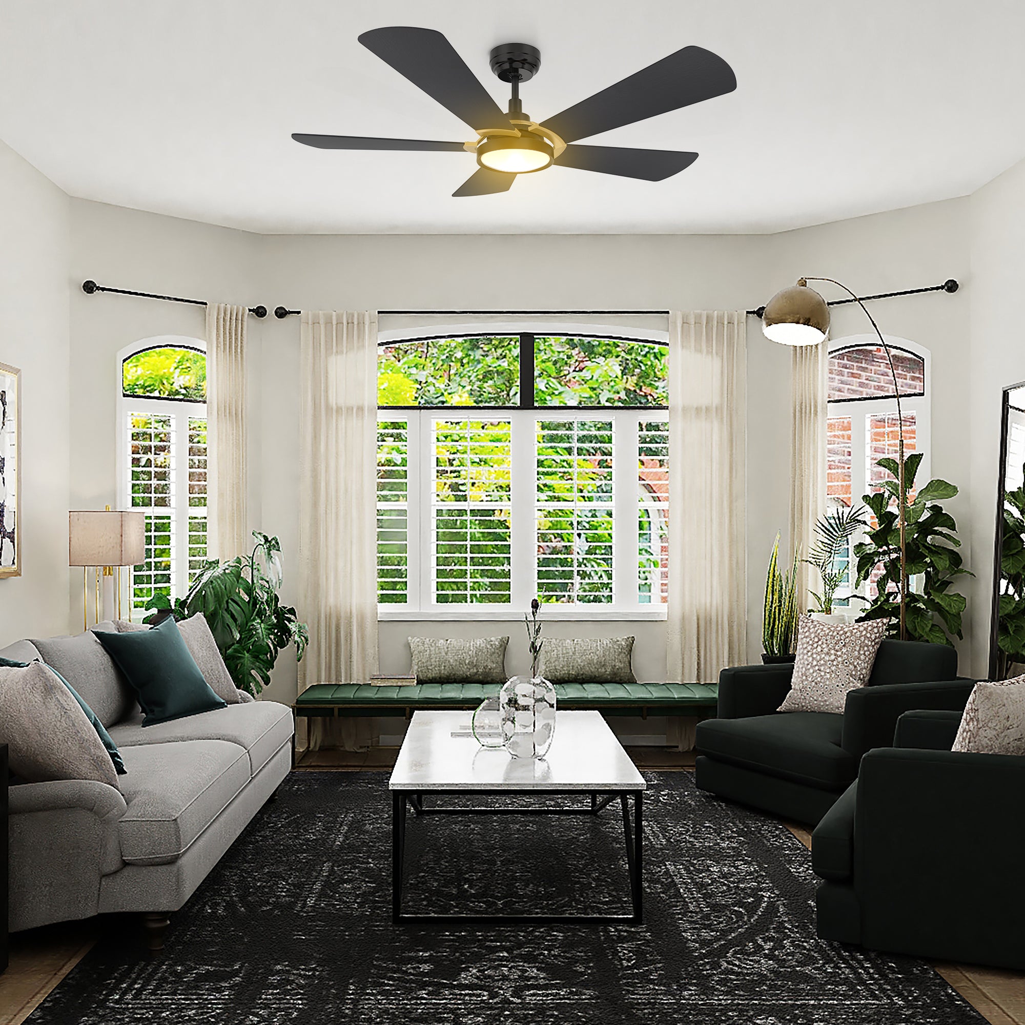 This Smafan Wilkes 52'' smart ceiling fan keeps your space cool, bright, and stylish. It is a soft modern masterpiece perfect for your large indoor living spaces. This Wifi smart ceiling fan is a simplicity designing with Black finish, use elegant Plywood blades, Glass shade and has an integrated 4000K LED daylight. The fan features Remote control, Wi-Fi apps, Siri Shortcut and Voice control technology (compatible with Amazon Alexa and Google Home Assistant ) to set fan preferences.#color_black