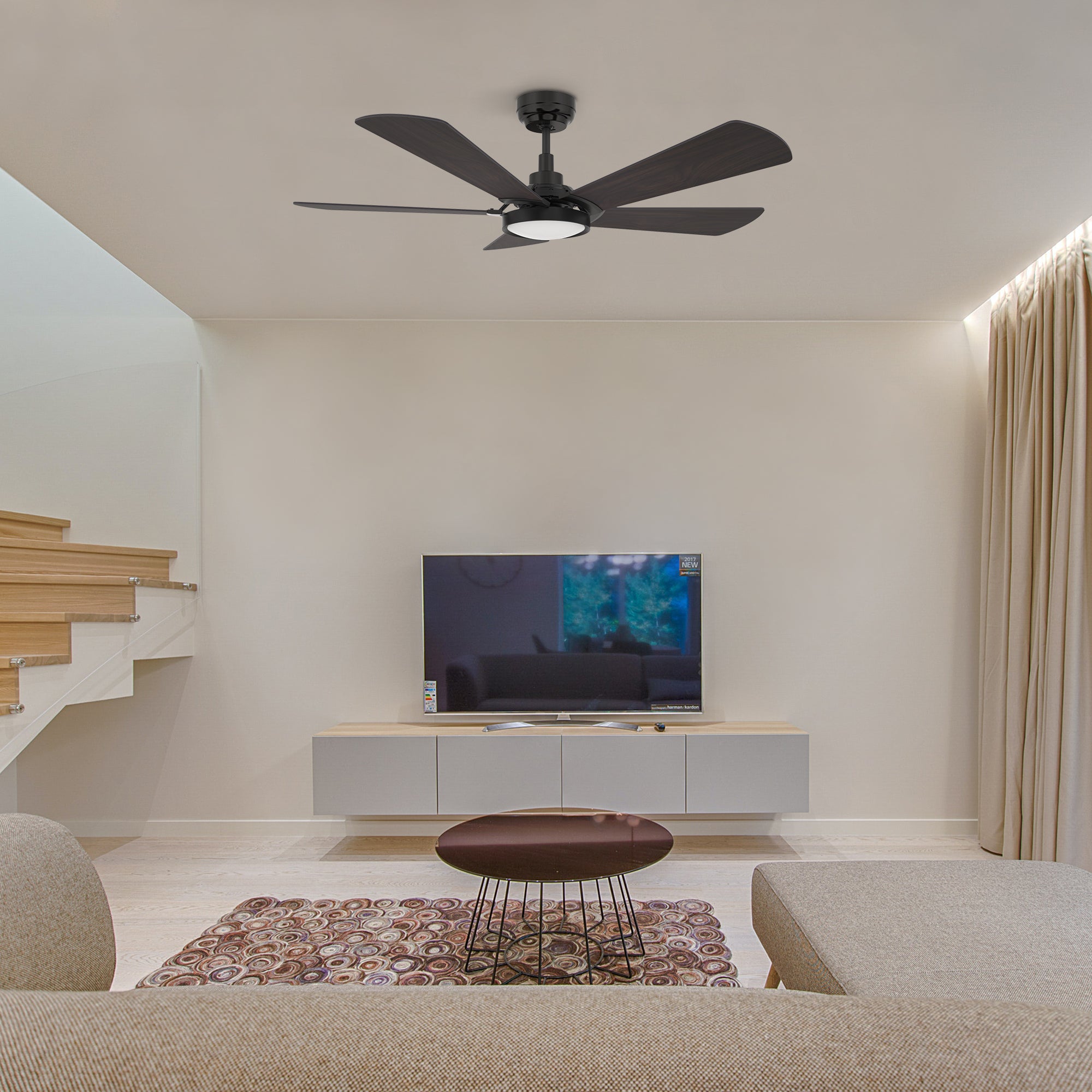 This Smafan Wilkes 52'' smart ceiling fan keeps your space cool, bright, and stylish. It is a soft modern masterpiece perfect for your large indoor living spaces. This Wifi smart ceiling fan is a simplicity designing with Black finish, use elegant Plywood blades, Glass shade and has an integrated 4000K LED daylight. The fan features Remote control, Wi-Fi apps, Siri Shortcut and Voice control technology (compatible with Amazon Alexa and Google Home Assistant ) to set fan preferences.#color_dark-wood