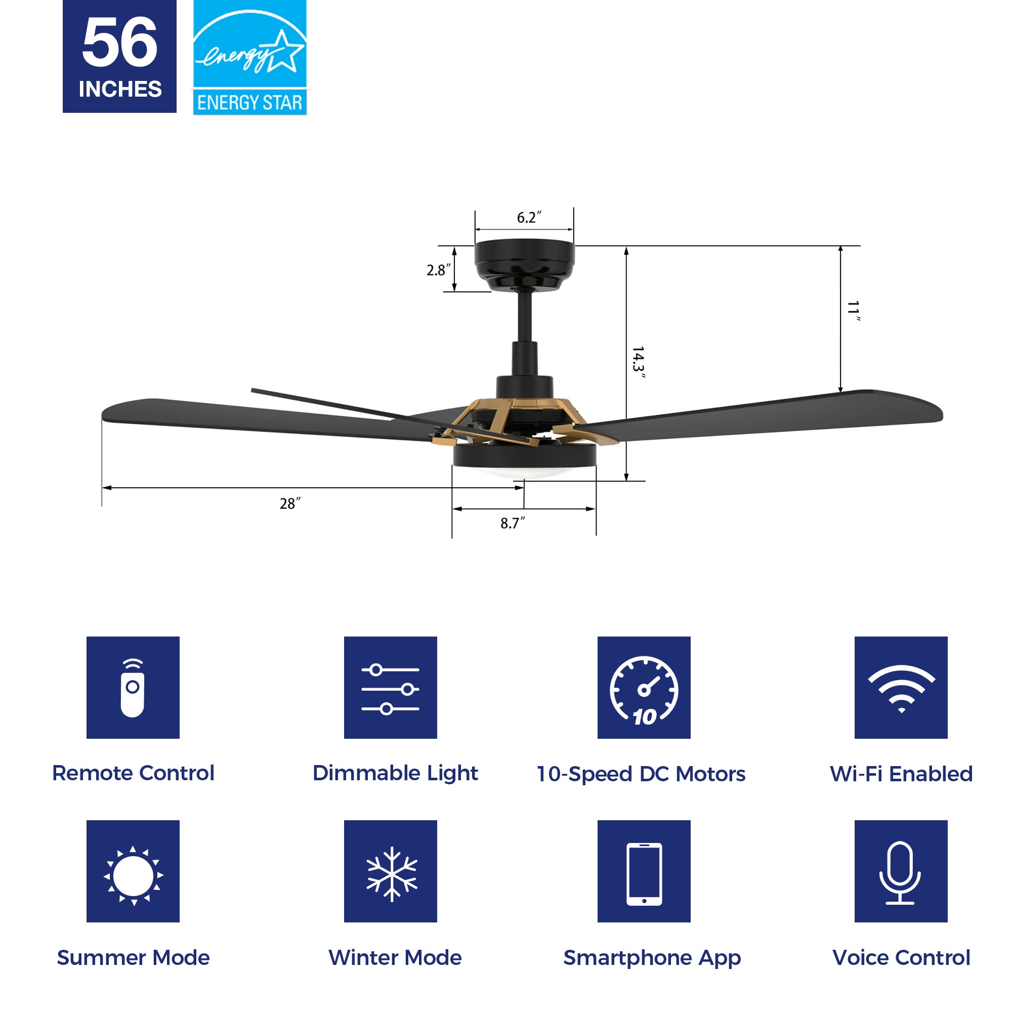 This Smafan Wilkes 56'' smart ceiling fan keeps your space cool, bright, and stylish. It is a soft modern masterpiece perfect for your large indoor living spaces. This Wifi smart ceiling fan is a simplicity designing with Black finish, use elegant Plywood blades, Glass shade and has an integrated 4000K LED daylight. The fan features Remote control, Wi-Fi apps, Siri Shortcut and Voice control technology (compatible with Amazon Alexa and Google Home Assistant ) to set fan preferences. #color_black