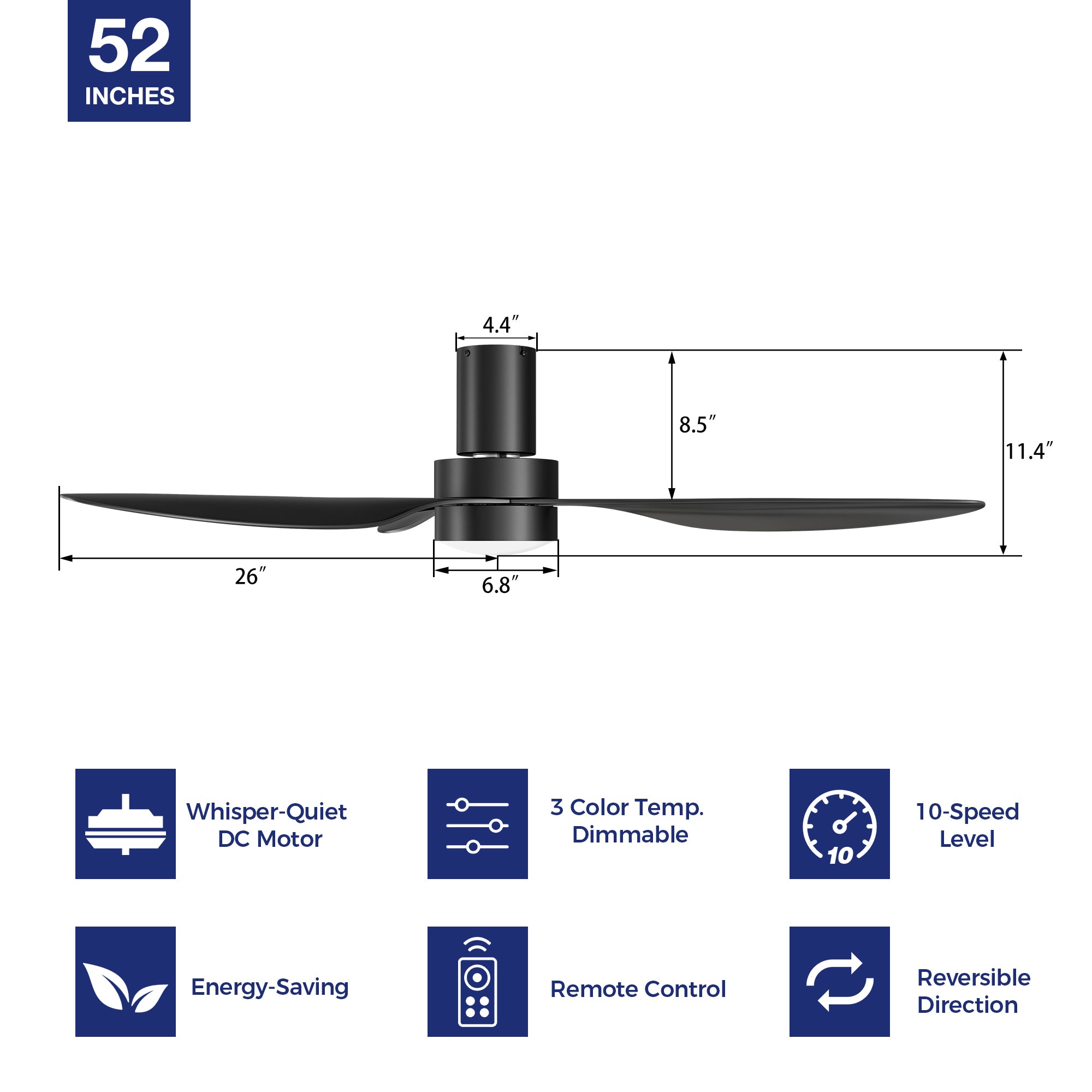 Black low-profile ceiling fan with dimmable light, 10-speed reversible dc motor and remote control.  #color_black