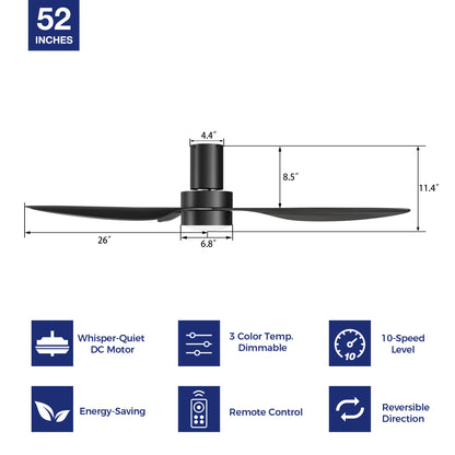 Black low-profile ceiling fan with dimmable light, 10-speed reversible dc motor and remote control.  