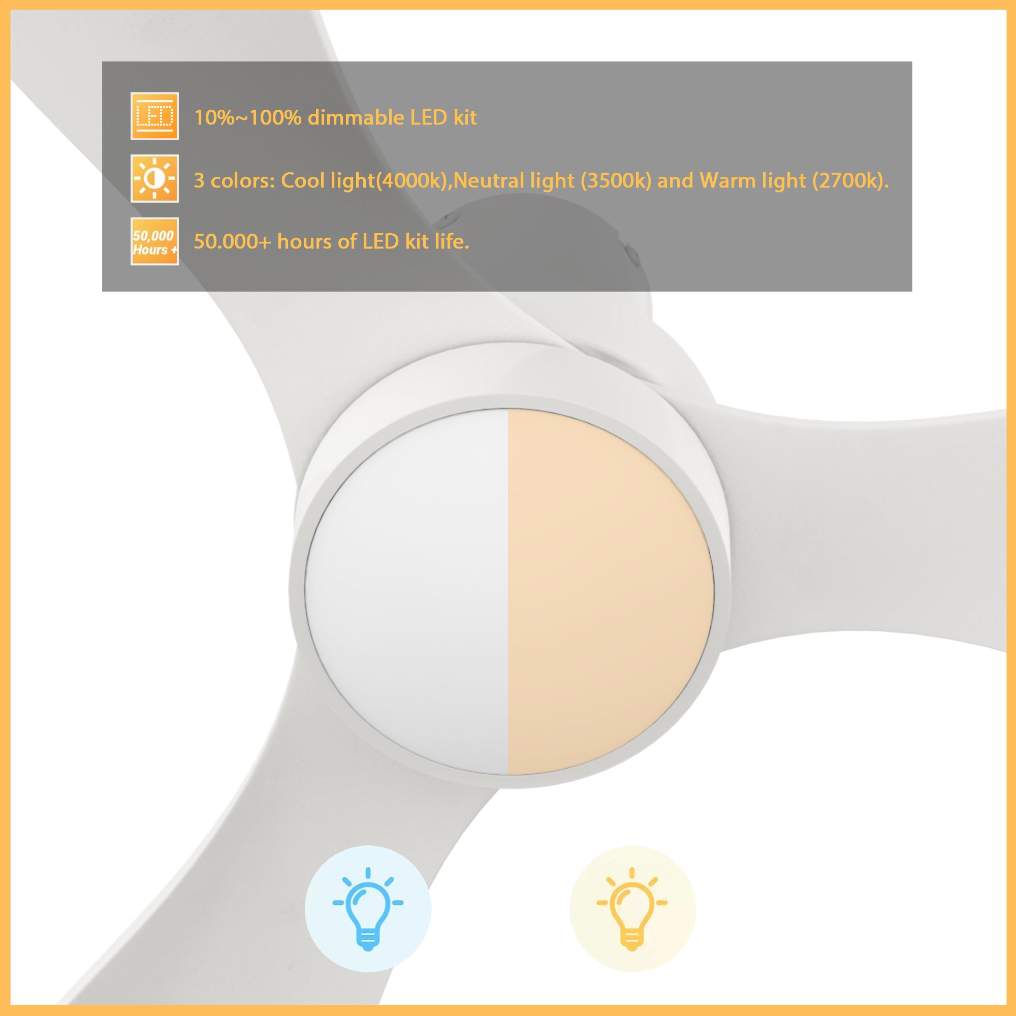 This Xander 52&quot; ceiling fan keeps your space cool, bright, and stylish. It is a soft modern masterpiece perfect for your large indoor living spaces. This ceiling fan is a simplicity designing with White finish, use very strong ABS blades and has an integrated 4000K LED cool light. The fan features Remote control to set fan preferences. 