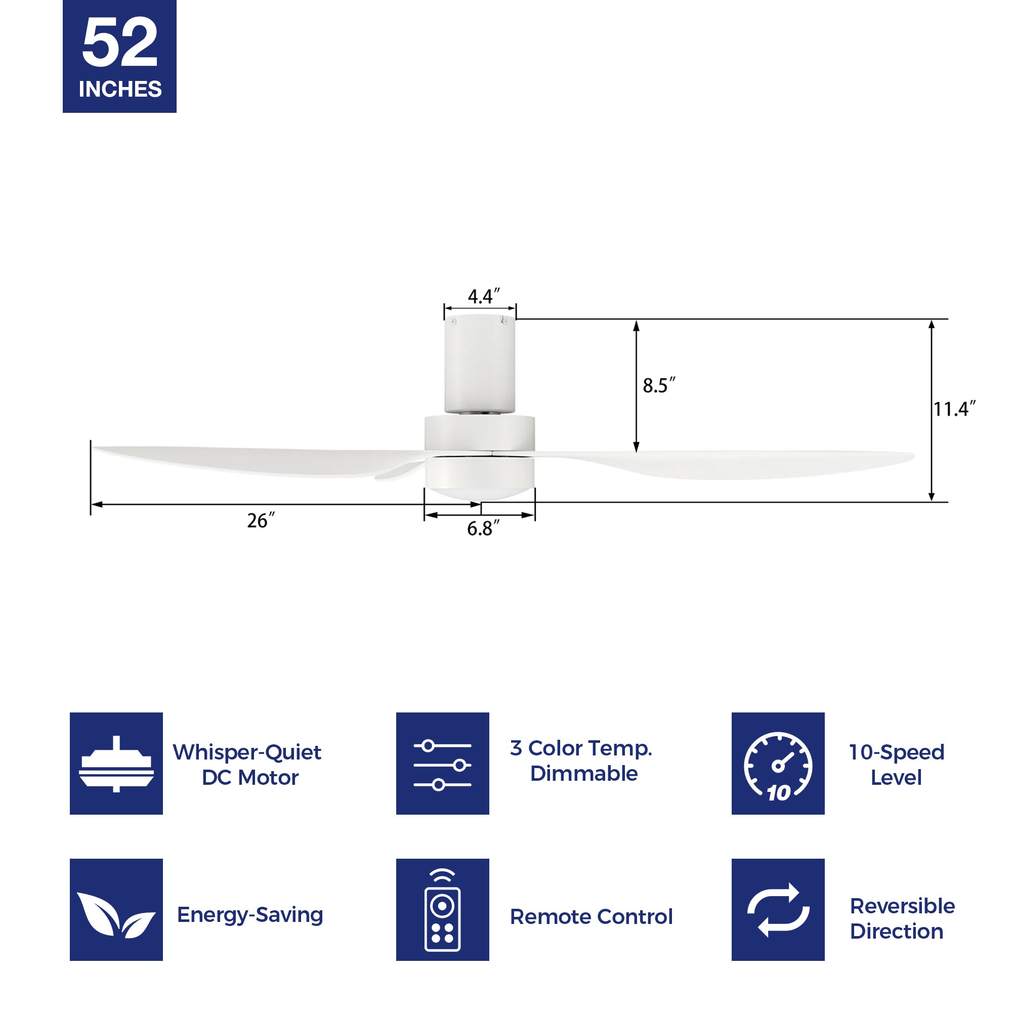 White low-profile ceiling fan with dimmable light, 10-speed reversible dc motor and remote control. #color_white