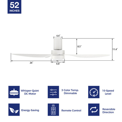 White low-profile ceiling fan with dimmable light, 10-speed reversible dc motor and remote control. 