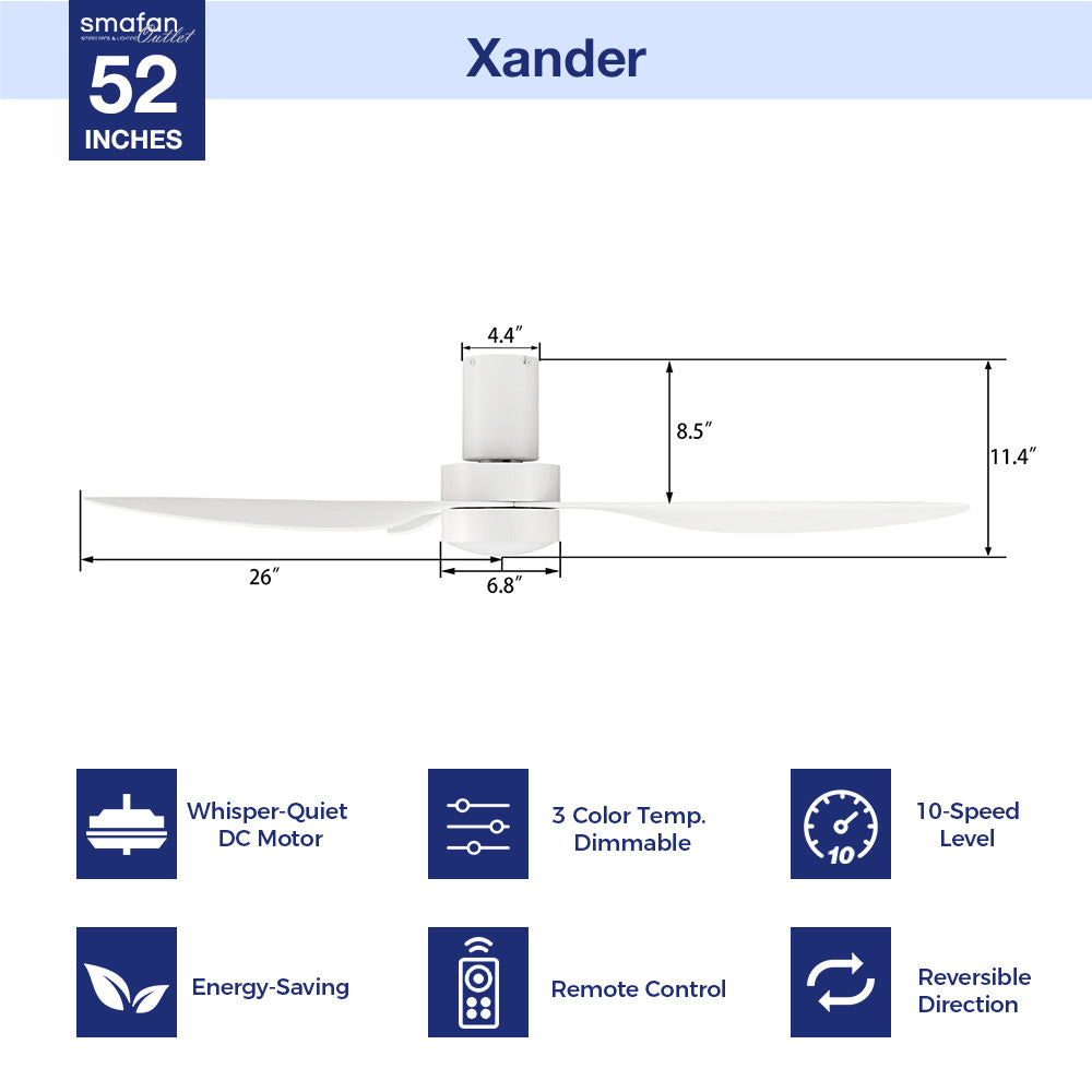 White low-profile ceiling fan with dimmable light, 10-speed reversible dc motor and remote control. 