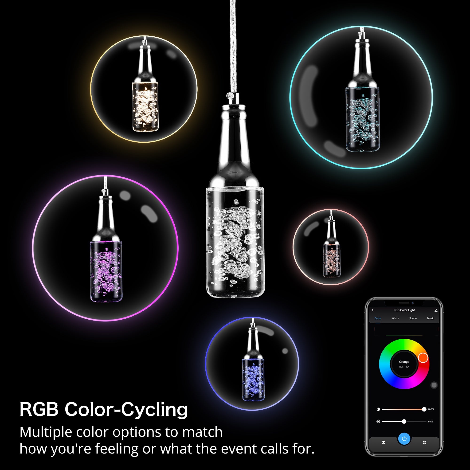 The pendant light features Wi-Fi apps, Siri Shortcut and Voice control technology (compatible with Amazon Alexa and Google Home Assistant) to set the pendant light dimmable and RGB multicolor. This pendant light can satisfy not only the various color lighting effect settings, but also the more dim color variations that slowly change. The light colors are vivid and bright and dimmable.