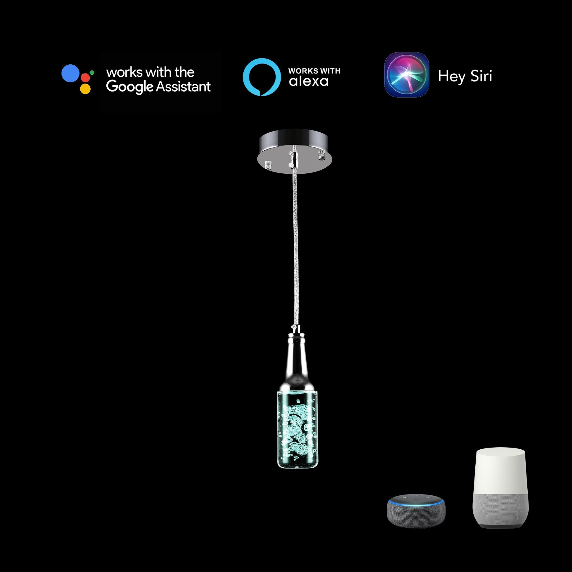 The pendant light features Wi-Fi apps, Siri Shortcut and Voice control technology (compatible with Amazon Alexa and Google Home Assistant) to set the pendant light dimmable and RGB multicolor. This pendant light can satisfy not only the various color lighting effect settings, but also the more dim color variations that slowly change. The light colors are vivid and bright and dimmable. 