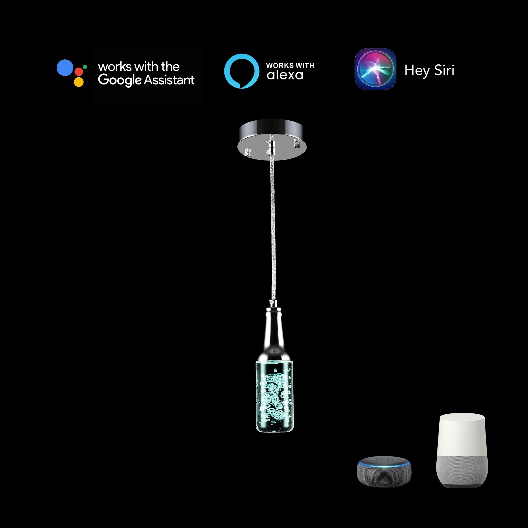 The pendant light features Wi-Fi apps, Siri Shortcut and Voice control technology (compatible with Amazon Alexa and Google Home Assistant) to set the pendant light dimmable and RGB multicolor. This pendant light can satisfy not only the various color lighting effect settings, but also the more dim color variations that slowly change. The light colors are vivid and bright and dimmable.