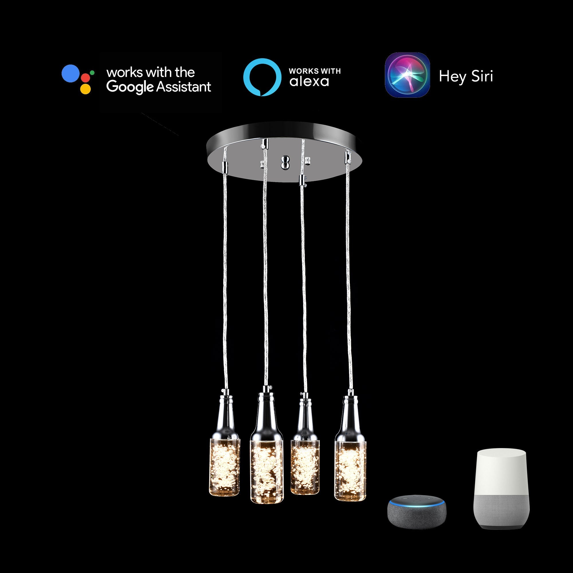 From relax mode to party mode, the Carro Home Patton 4-Pendant Light will set the mood for any occasion in your home! The Paton features cutting-edge RGB and Smart technology to give you fine-tuned control of your home’s lighting, including color, brightness, and variations. The 4-Pendant configuration with translucent lampshades and a silver iron canopy adds style to any décor while delivering bright and vivid lighting.
