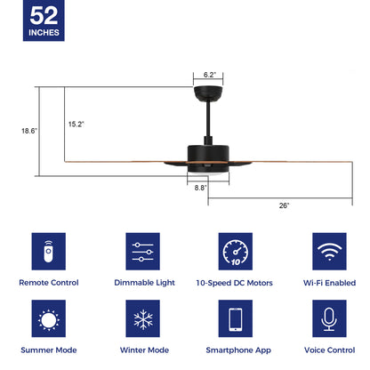 The Smafan Apex 52 inch smart ceiling fan keeps your space cool, bright, and stylish. It is a soft modern masterpiece perfect for your large indoor living spaces. This Wifi smart ceiling fan is a simplicity designing with Black finish, use elegant Plywood blades and has an integrated 4000K LED daylight. 