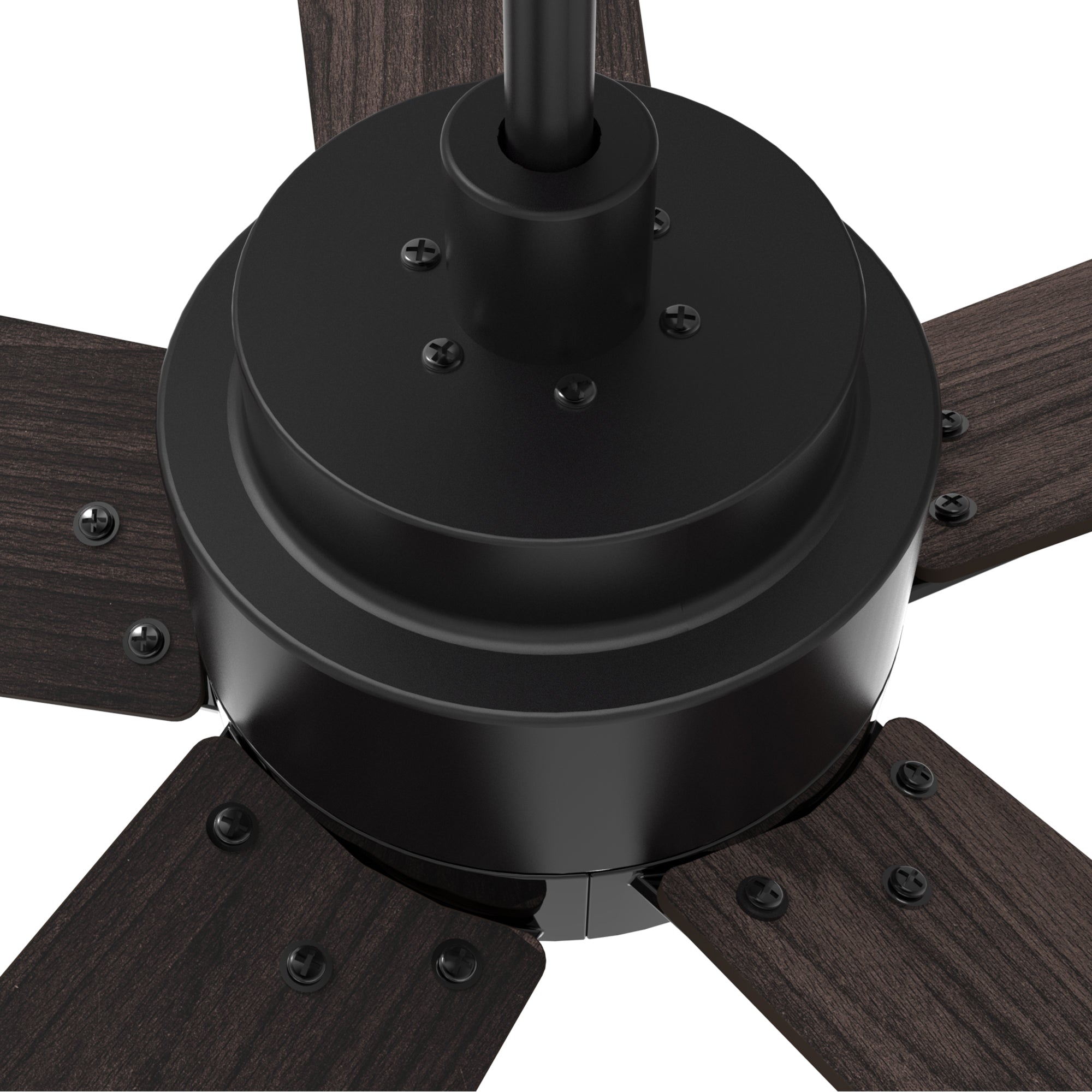 A close-up detail of Carro ASPEN outdoor ceiling fan, with Black DC motor housing and 5 dark wood fan blades. 