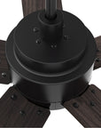 A close-up detail of Carro ASPEN outdoor ceiling fan, with Black DC motor housing and 5 dark wood fan blades. 
