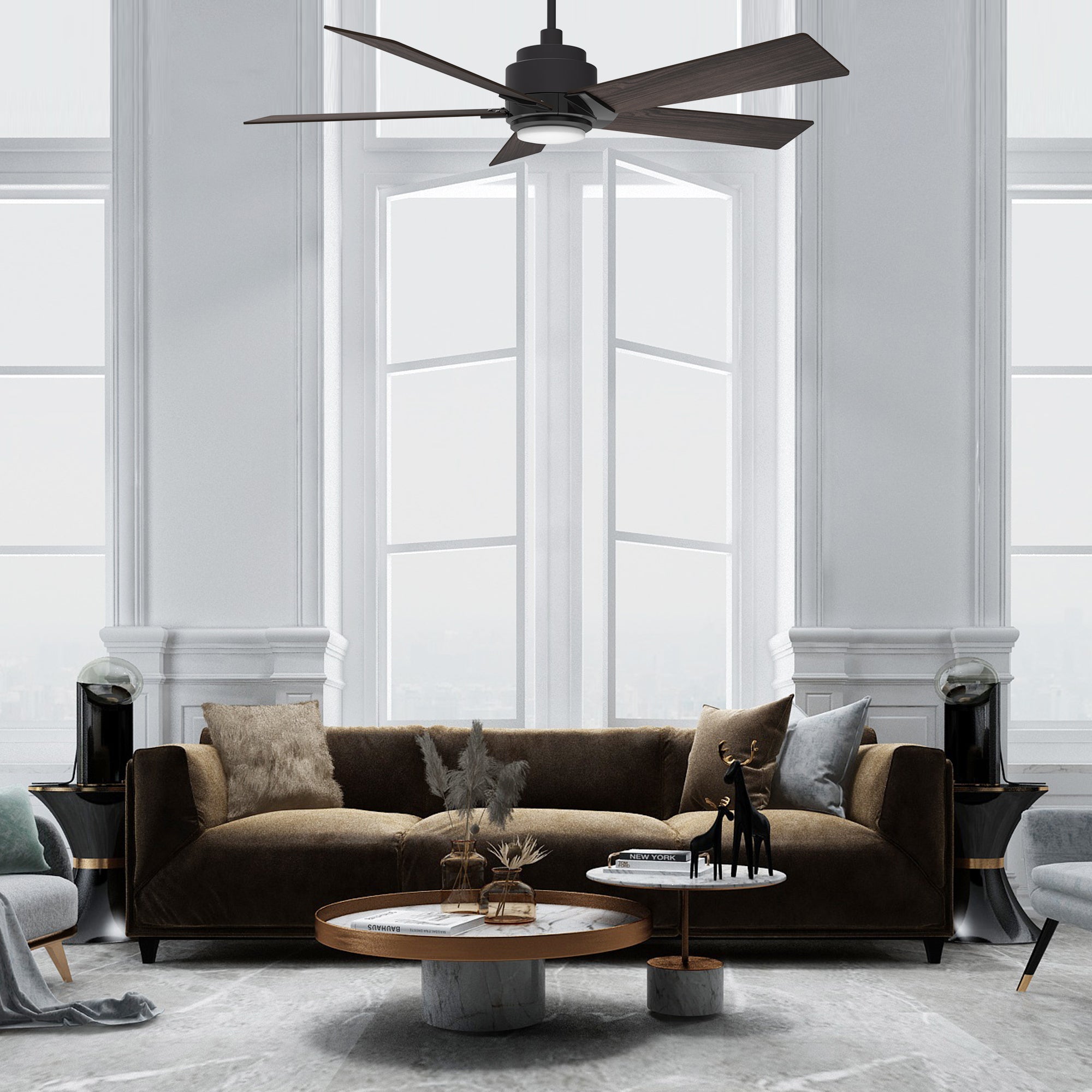ASPEN outdoor ceiling fan with dimmable LED light kit, mounting in a modern room. #color_Dark-Wood