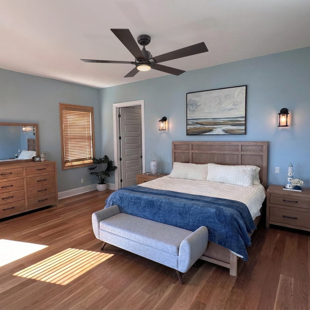 ASPEN outdoor ceiling fan with dimmable LED light kit, mounting in a modern room. 
