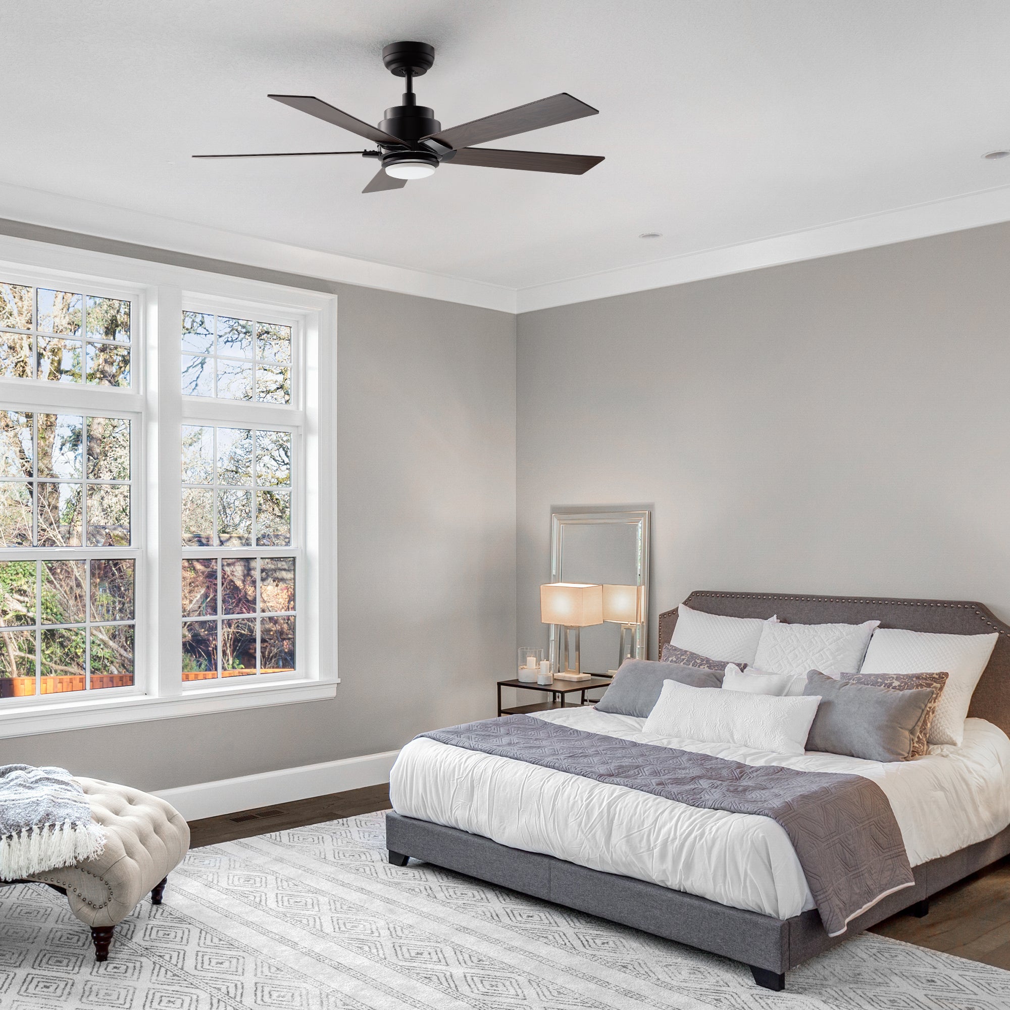 Carro ASPEN outdoor ceiling fan with 5 blades, dark wood design, and an 6-in extended rod, decor in a bedroom. 