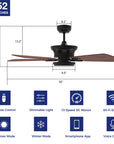 This Smafan Glacier 52'' smart ceiling fan keeps your space cool, bright, and stylish. It is a soft modern masterpiece perfect for your large indoor living spaces. This Wifi smart ceiling fan is a simplicity designing with Black finish, use elegant Plywood blades,Glass shade and has an integrated 4000K LED daylight. The fan features Remote control, Wi-Fi apps and Voice control technology (compatible with Amazon Alexa and Google Home Assistant ) to set fan preferences.