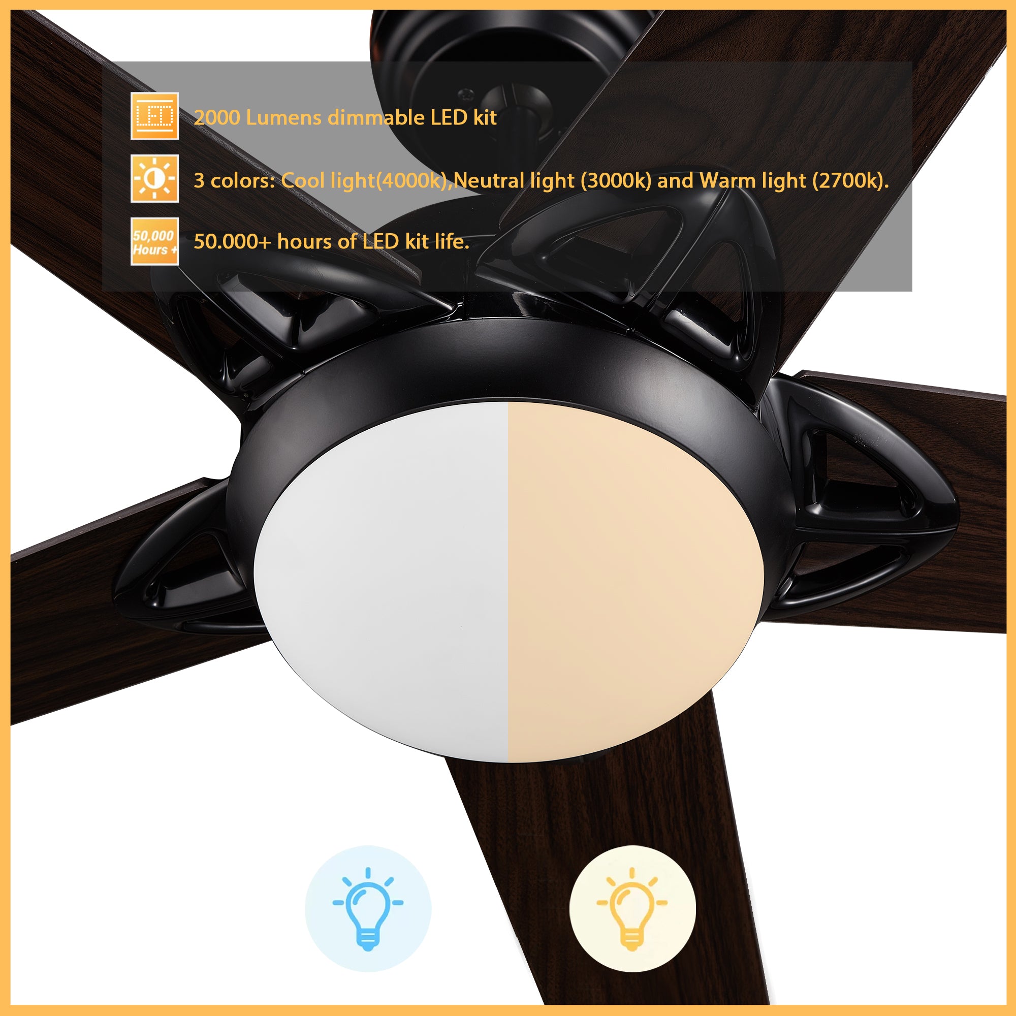 The Smafan Sonnen 52&#39;&#39; smart ceiling fan keeps your space cool, bright, and stylish. It is a soft modern masterpiece perfect for your large indoor living spaces. This Wifi smart ceiling fan is a simplicity designing with Black finish, use elegant Plywood blades and has an integrated 4000K LED daylight. 