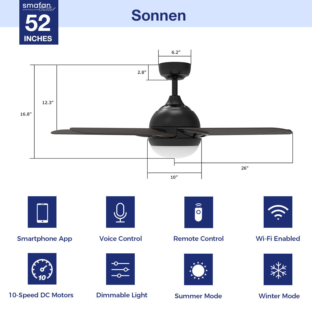 The Smafan Sonnen 52&#39;&#39; smart ceiling fan keeps your space cool, bright, and stylish. It is a soft modern masterpiece perfect for your large indoor living spaces. This Wifi smart ceiling fan is a simplicity designing with Black finish, use elegant Plywood blades and has an integrated 4000K LED daylight. 