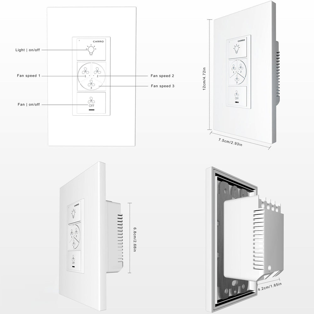 Carro Home Smart Wall Switch Controller For Ceiling Fans (3 Gang)