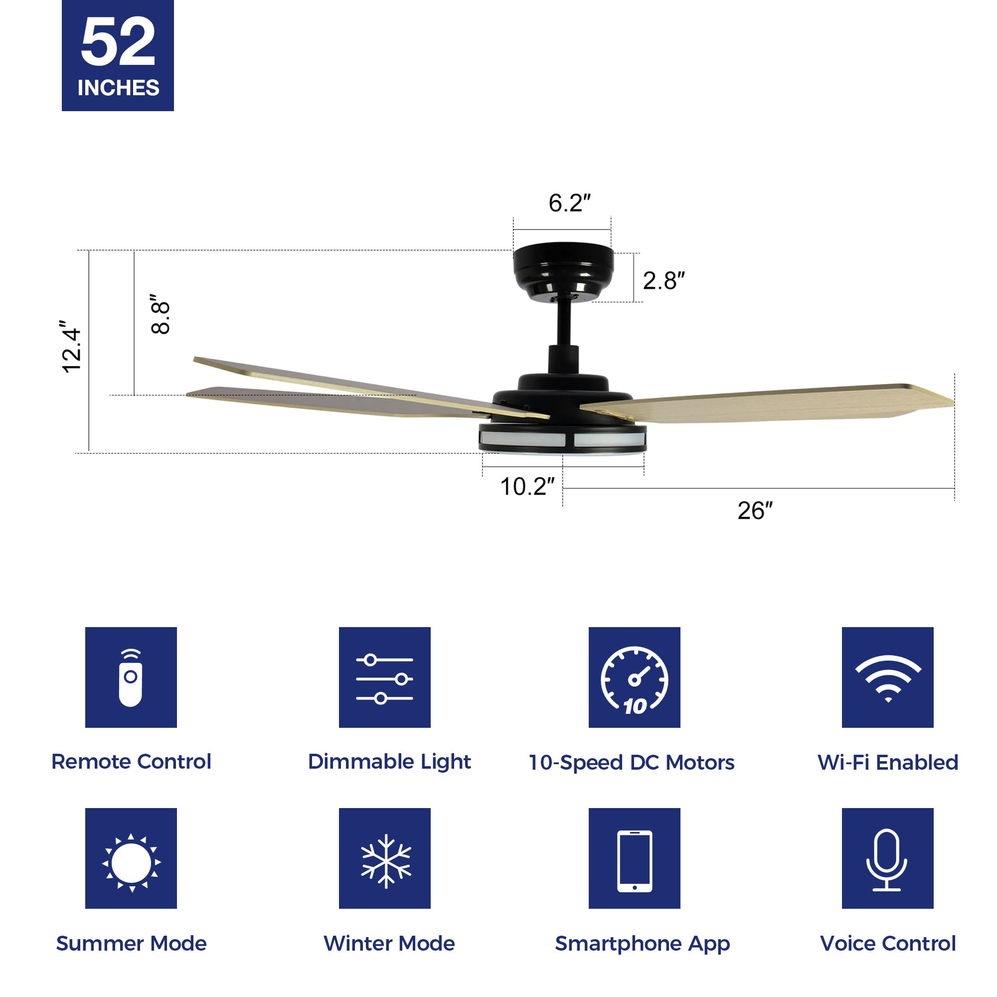 The Smafan Explorer 52&#39;&#39; smart WIFI ceiling fan brings a modern touch to your home décor. Making life simpler is what exactly Explorer does for you. With dimmable integrated LED, 10-speed whisper-quiet DC motor, Alexa, Google&amp;nbsp;Assistant, Siri enabled. Easy install.
