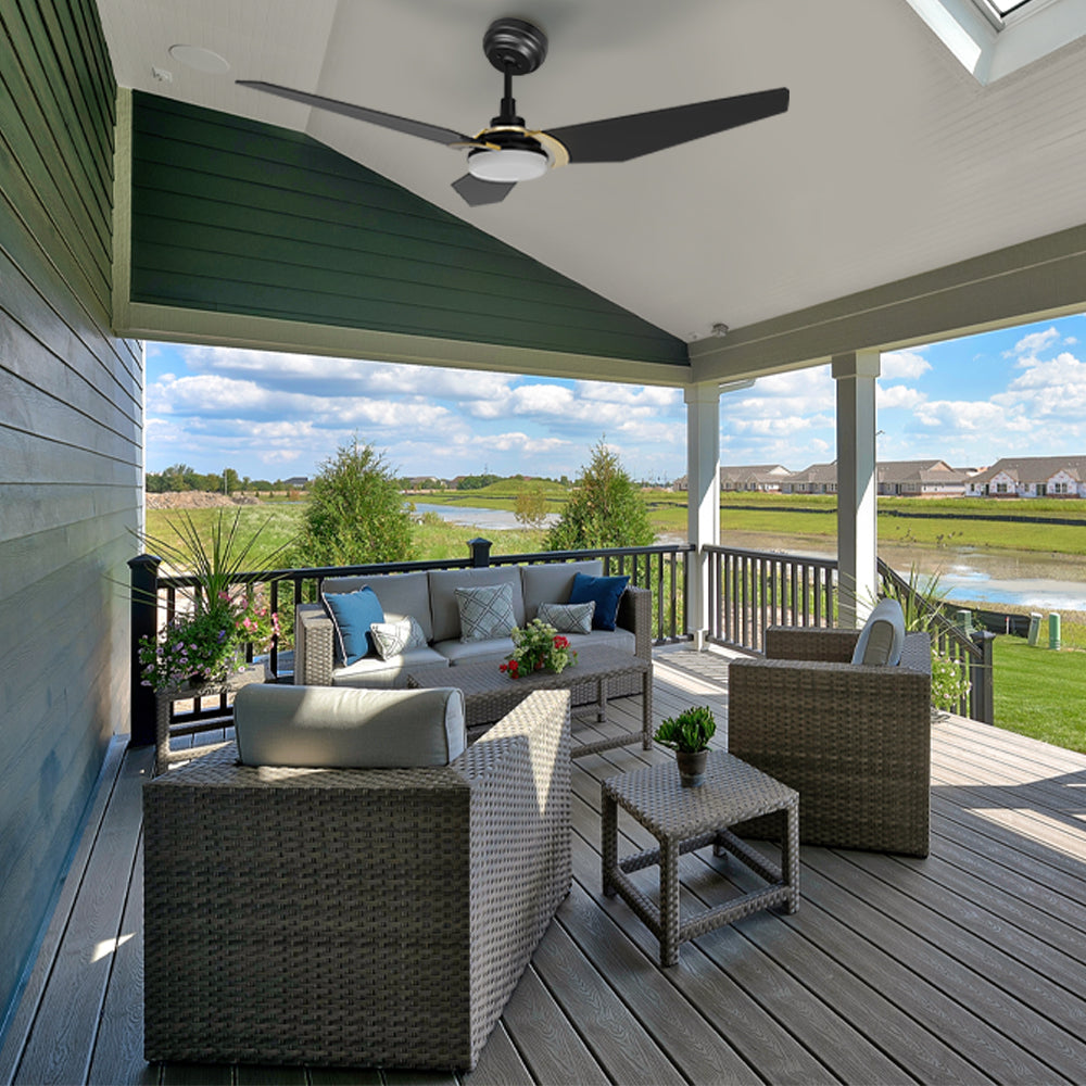 This 52-inch Trailblazer outdoor ceiling fan boasts a black tropical style that is perfect for outdoor patio decor.