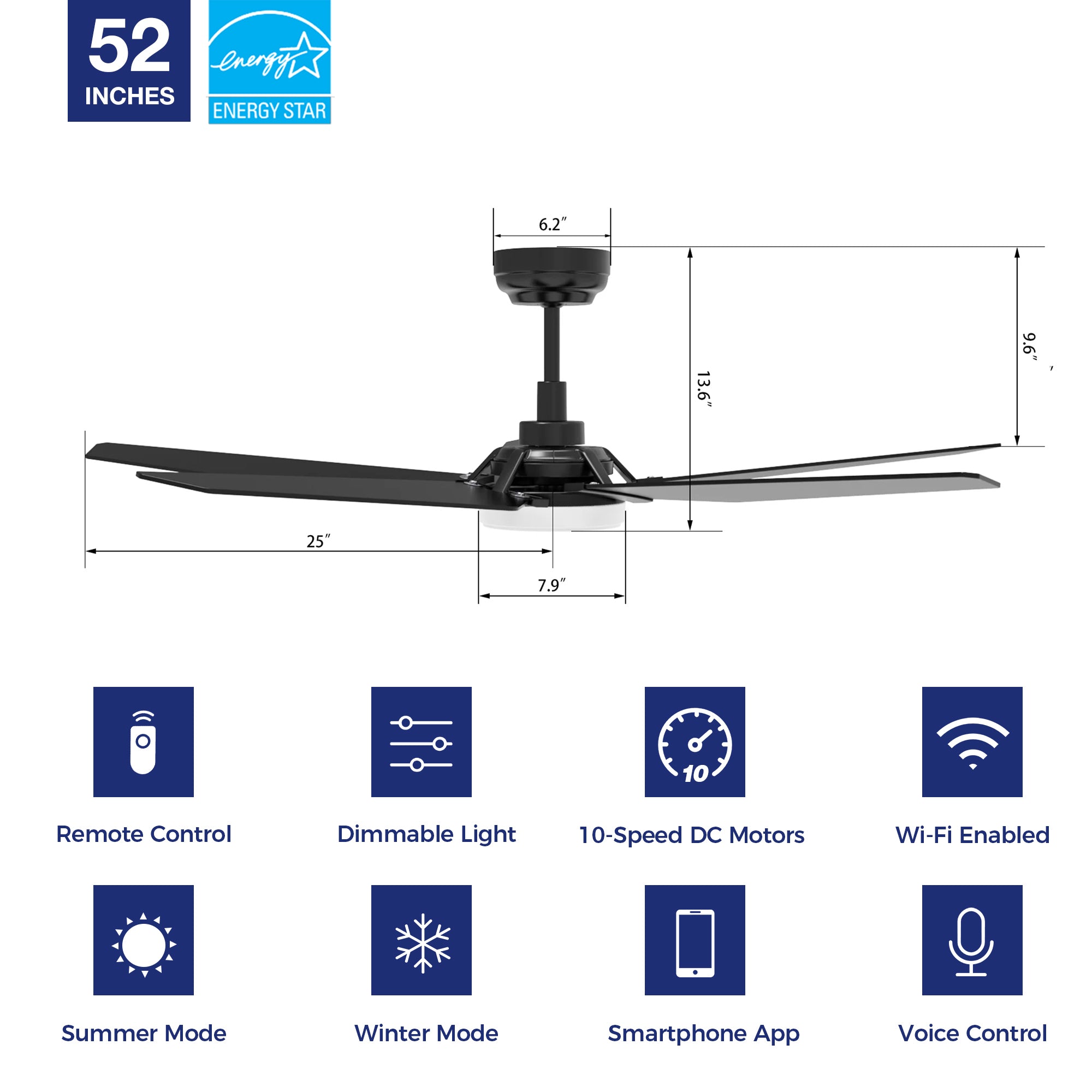 The Smafan Voyager 52&#39;&#39; smart ceiling fan keeps your space cool, bright, and stylish. It is a soft modern masterpiece perfect for your large indoor living spaces. This Wifi smart ceiling fan is a simplicity designing with Black finish, use elegant Plywood blades, Glass shade and has an integrated 4000K LED daylight. The fan features Remote control, Wi-Fi apps, Siri Shortcut and Voice control technology (compatible with Amazon Alexa and Google Home Assistant ) to set fan preferences.