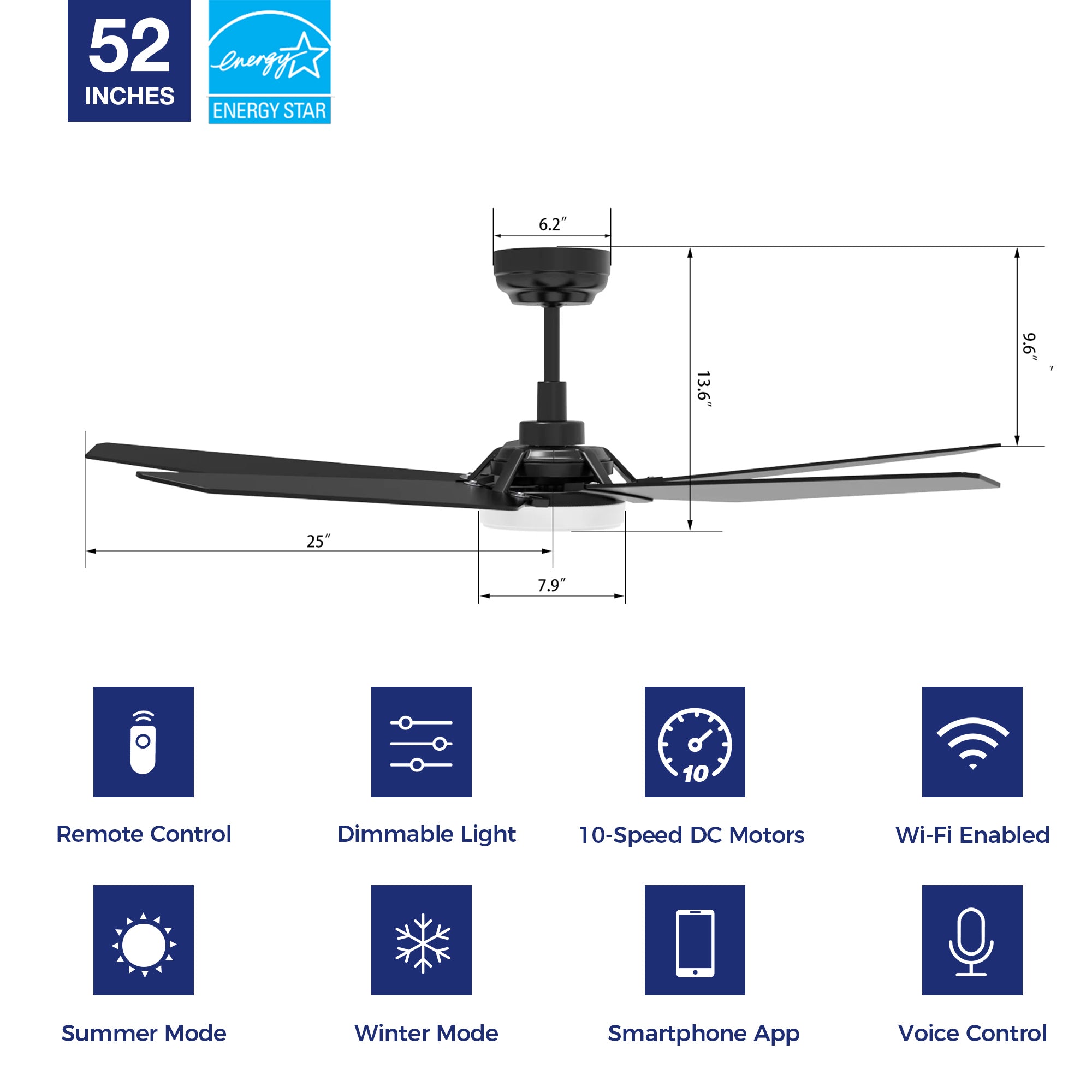 The Smafan Voyager 52'' smart ceiling fan keeps your space cool, bright, and stylish. It is a soft modern masterpiece perfect for your large indoor living spaces. This Wifi smart ceiling fan is a simplicity designing with Black finish, use elegant Plywood blades, Glass shade and has an integrated 4000K LED daylight. The fan features Remote control, Wi-Fi apps, Siri Shortcut and Voice control technology (compatible with Amazon Alexa and Google Home Assistant ) to set fan preferences.#color_black