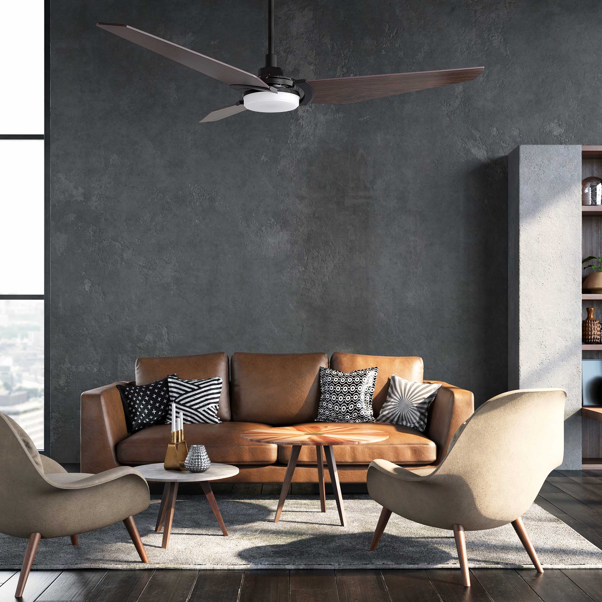 The Smafan Trailblazer 56'' Smart Fan’s sleek and stylish design fits perfectly with any décor trend. With a fully dimmable, and energy-efficient LED kit, whisper-quiet operation#color_dark-wood