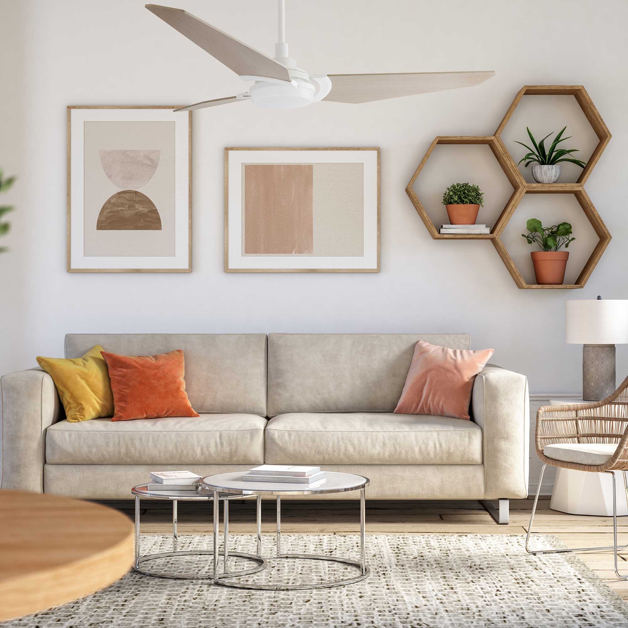 The Smafan Trailblazer 56'' Smart Fan’s sleek and stylish design fits perfectly with any décor trend. With a fully dimmable, and energy-efficient LED kit, whisper-quiet operation, compatible with Alexa, Google Assistant, Sir, carrohome app, easy install, Trailblazer helps you have a smarter way to stay cool. #color_light-wood