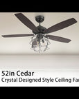 This Cedar 52''ceiling fan keeps your space cool, bright, and stylish. It is a soft modern masterpiece perfect for your large indoor living spaces. This ceiling fan is a simplicity designing with black finish, use elegant Plywood blades and compatible with LED bulb(Not included). The fan features remote control.