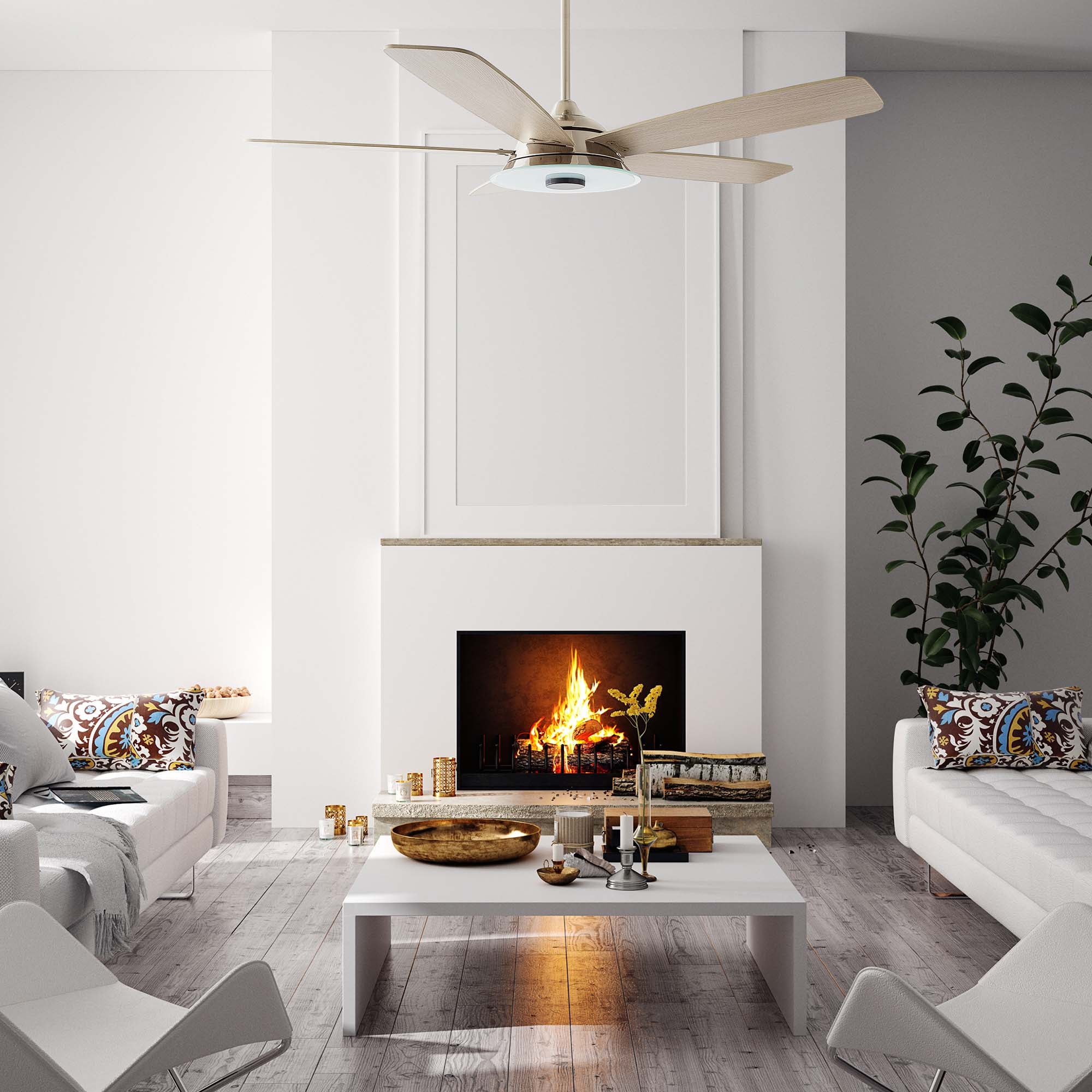 Carro Home Striker 56&#39;&#39; 5-Blade Smart Ceiling Fan with LED Light Kit &amp; Remote - Silver Case and Light Wood Grain Fan Blades