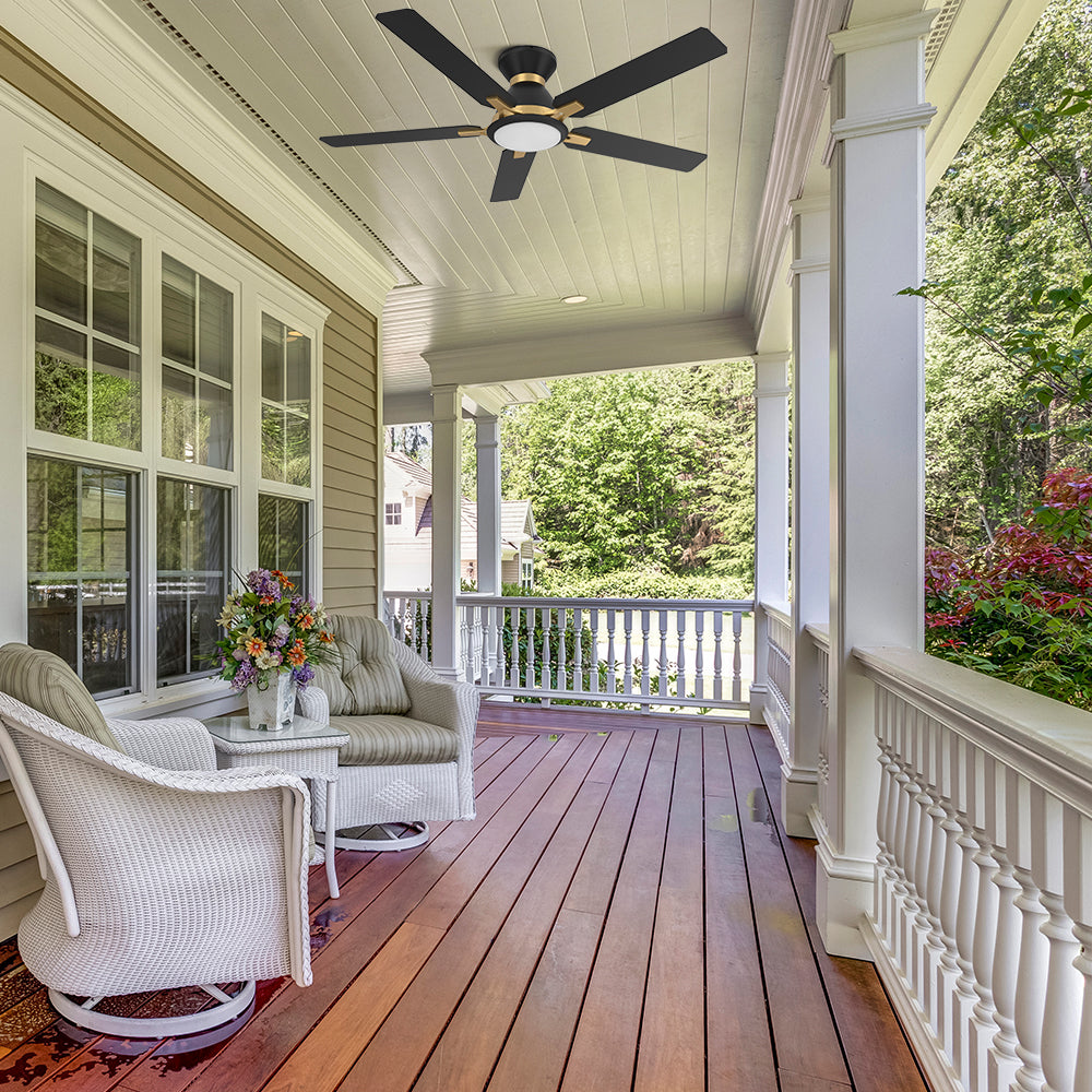 This smafan Essex outdoor ceiling fan in black&amp;gold with smart and 10-speed control is the perfect solution for any outdoor living space. 