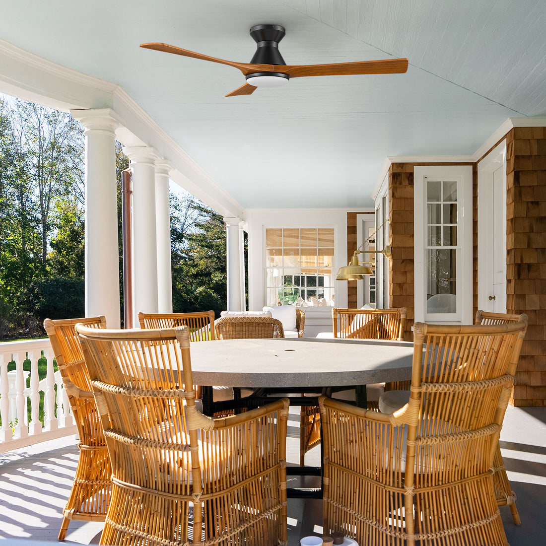 Antrim smart ceiling fan can be installed in outdoor covered area, with modern design, and flush mounted.