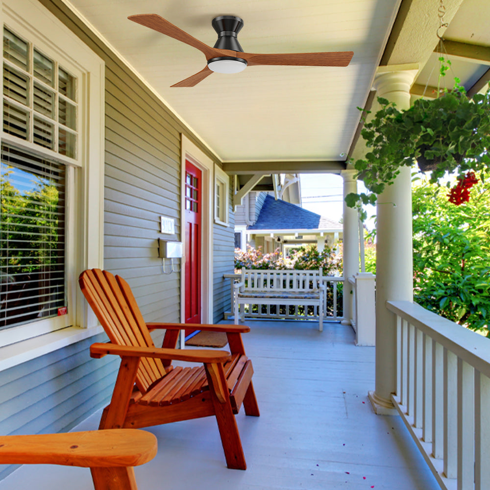 Antrim smart ceiling fan can be installed in outdoor covered area, with modern design, and flush mounted. #color_black