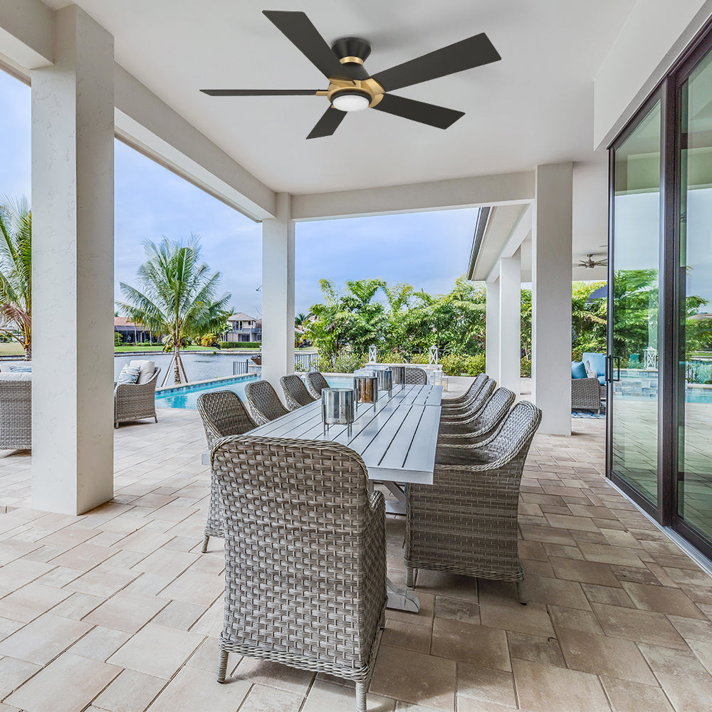 With modern design and a silent DC motor, this Aspen 52 inch flush mounted Wi-Fi ceiling fan is a stylish choice for your outdoor space. 