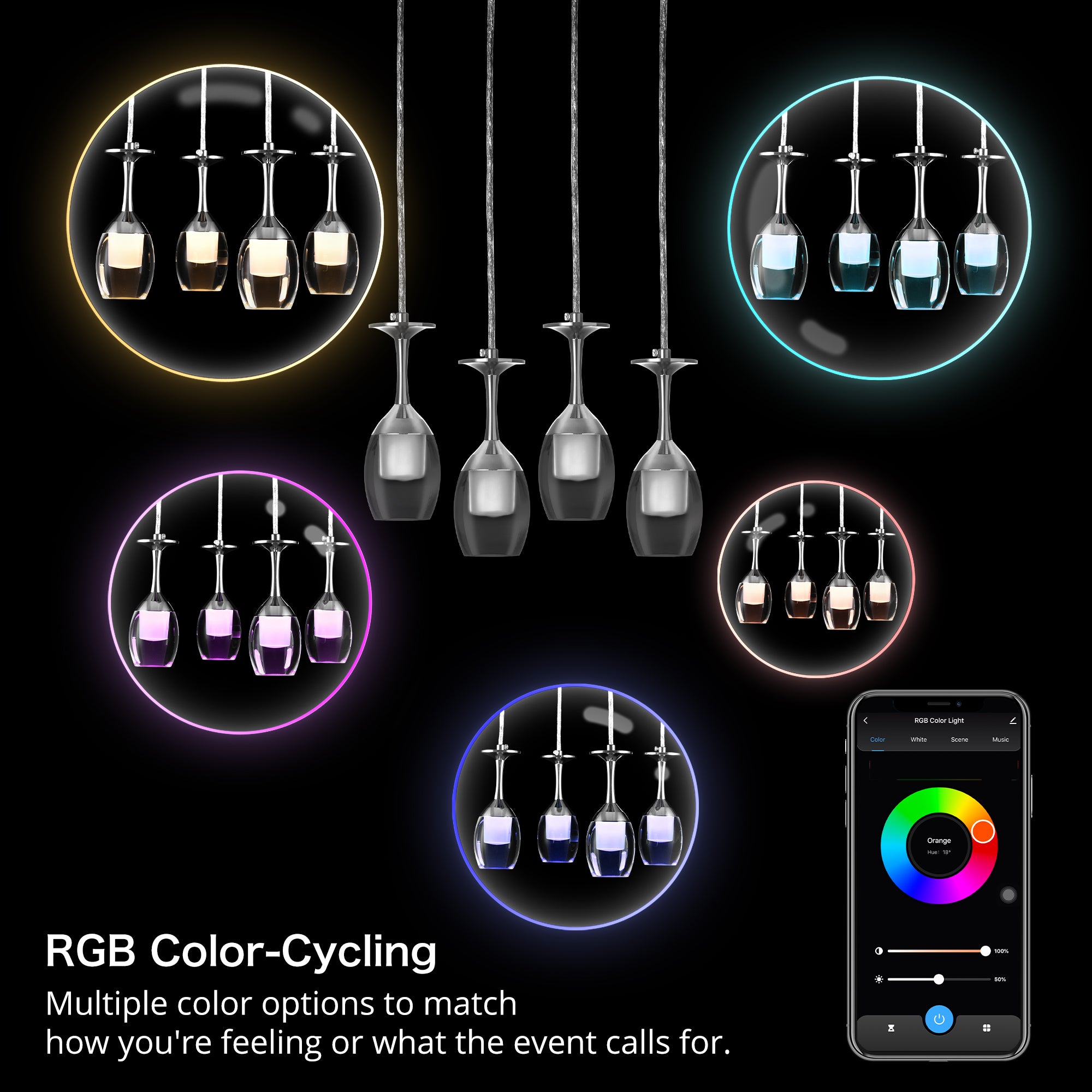 It brings fun light that can be used in every occasion. The pendant light features Wi-Fi apps, Siri Shortcut and Voice control technology (compatible with Amazon Alexa and Google Home Assistant) to set the pendant light dimmable and RGB multicolor. This pendant light can satisfy not only the various color lighting effect settings, but also the more dim color variations that slowly change. The light colors are vivid and bright and dimmable. 
