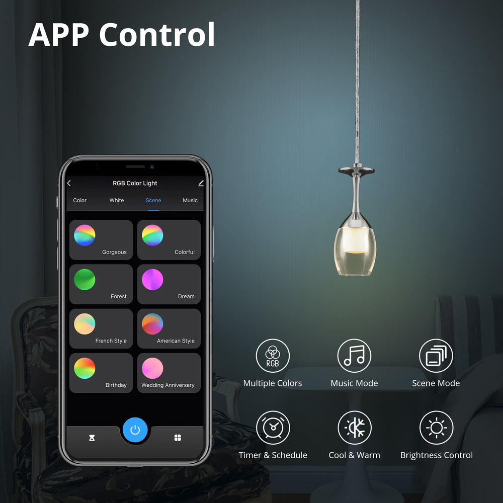 It brings fun light that can be used in every occasion. The pendant light features Wi-Fi apps, Siri Shortcut and Voice control technology (compatible with Amazon Alexa and Google Home Assistant) to set the pendant light dimmable and RGB multicolor. This pendant light can satisfy not only the various color lighting effect settings, but also the more dim color variations that slowly change. The light colors are vivid and bright and dimmable. 