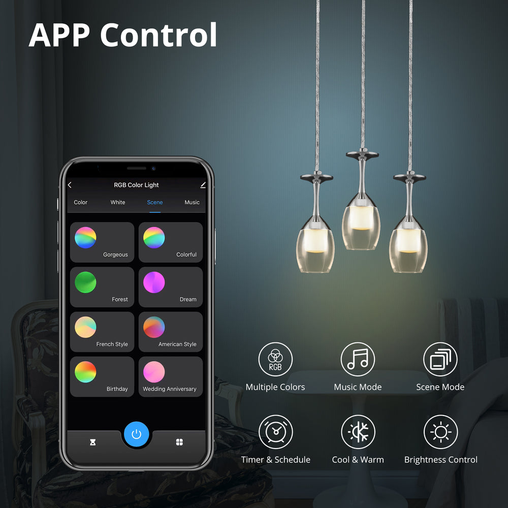 It brings fun light that can be used in every occasion. The pendant light features Wi-Fi apps, Siri Shortcut and Voice control technology (compatible with Amazon Alexa and Google Home Assistant) to set the pendant light dimmable and RGB multicolor. This pendant light can satisfy not only the various color lighting effect settings, but also the more dim color variations that slowly change. The light colors are vivid and bright and dimmable. 